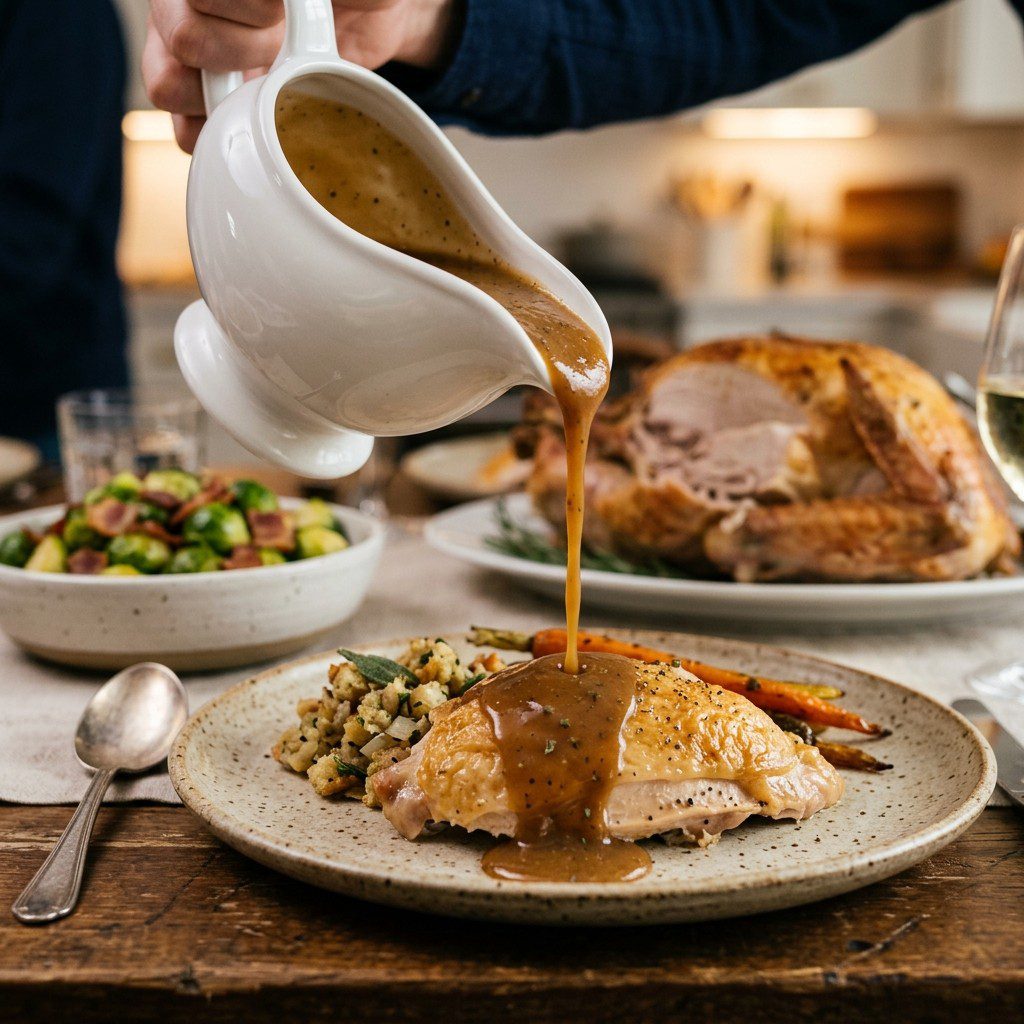 Stunning plated serving of Master Turkey Gravy, a chef-tested recipe by Chef Jorj Morgan.