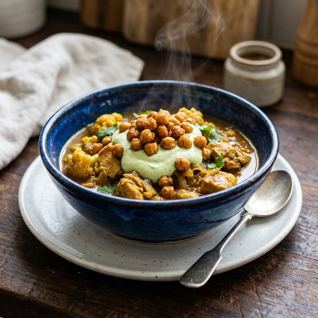 Stunning plated serving of Chicken & Cauliflower Curry, a chef-tested recipe by Chef Jorj Morgan.
