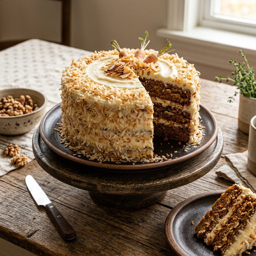 Stunning plated serving of Tropical Carrot & Macadamia Nut Cake, a chef-tested recipe by Chef Jorj Morgan.