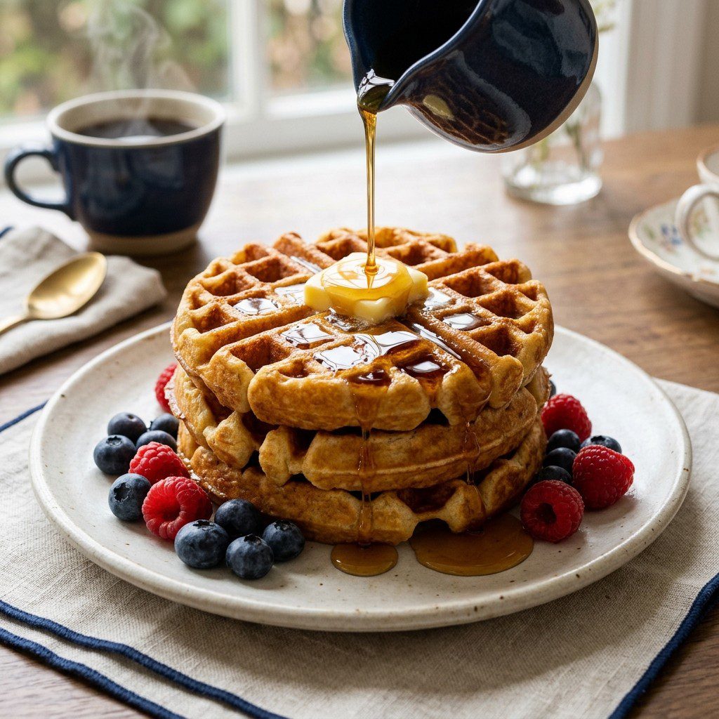 Stunning plated serving of Crispy Homemade Waffles, a chef-tested recipe by Chef Jorj Morgan.