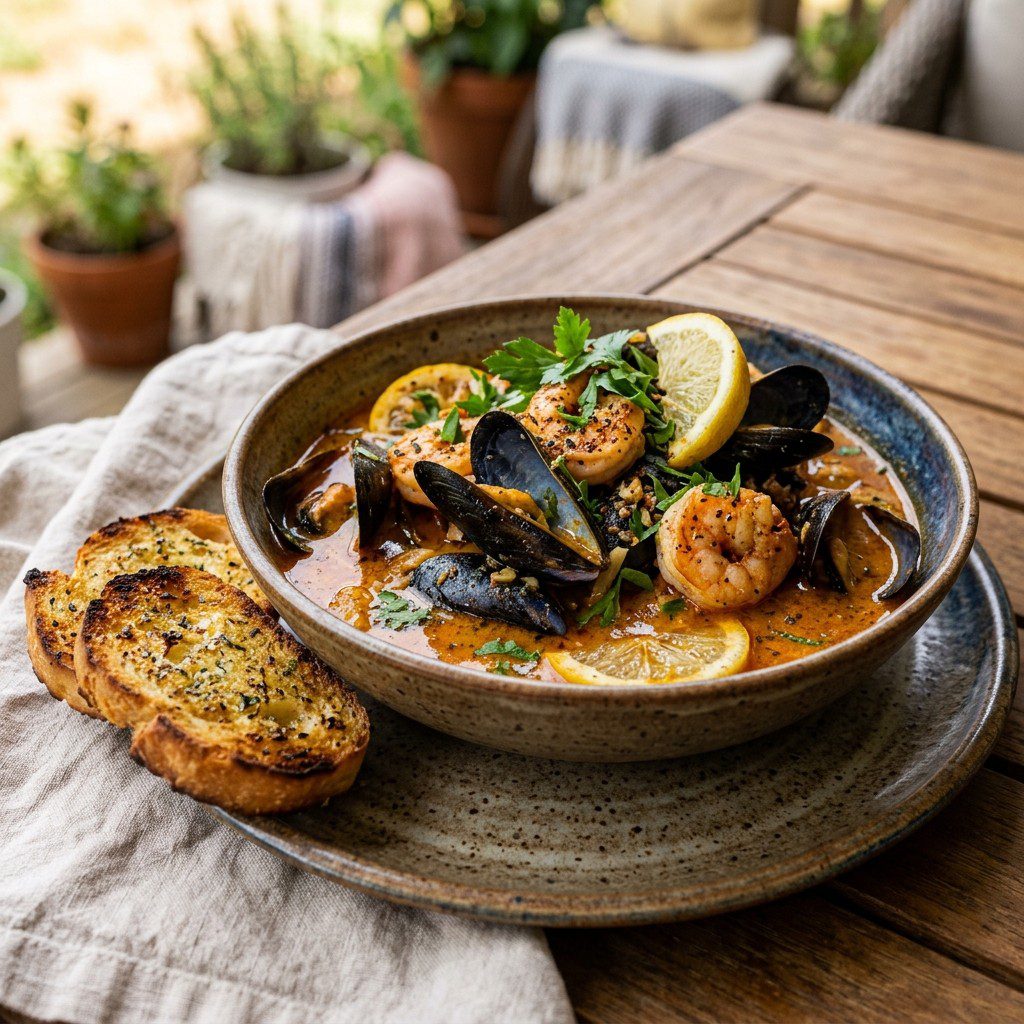 Stunning plated serving of After-Golf Cajun Mussels & Shrimp, a chef-tested recipe by Chef Jorj Morgan.