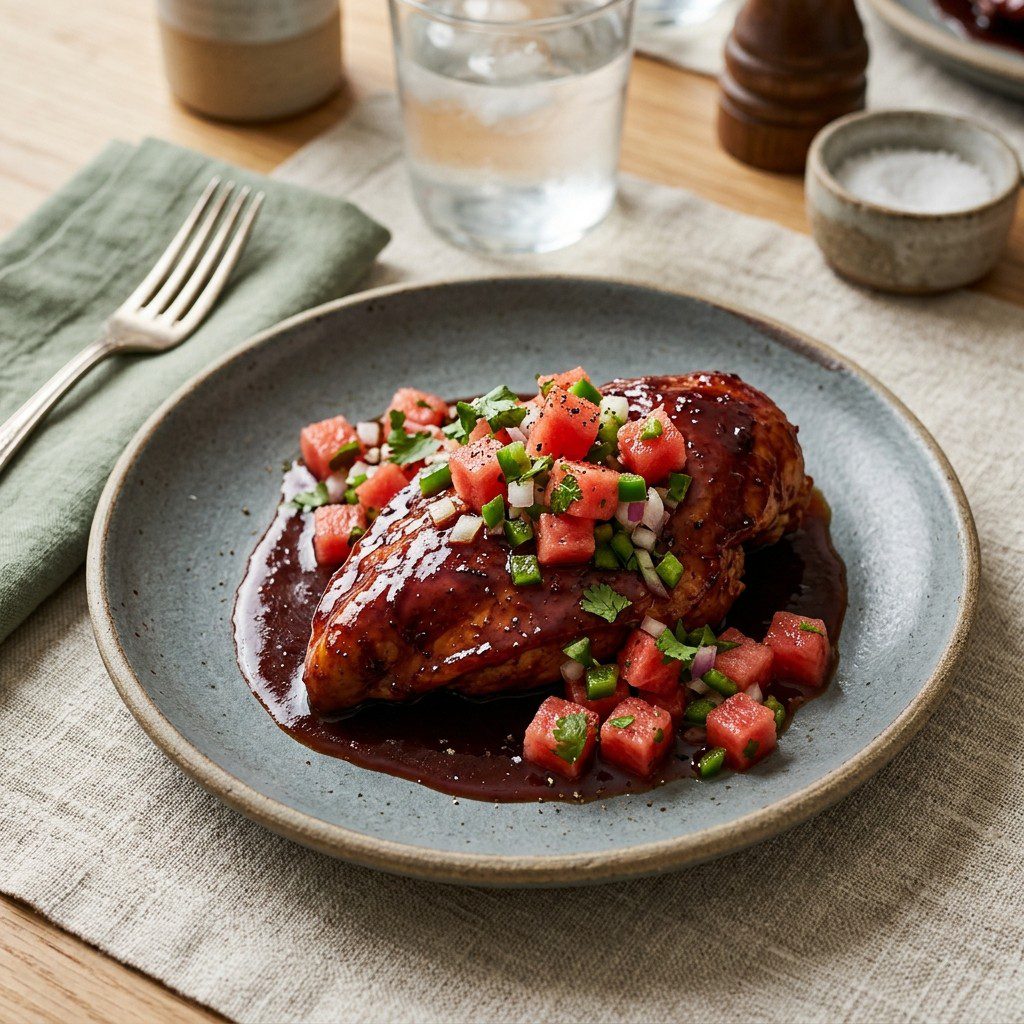 Stunning plated serving of Braised Estate Chicken with Fresh Watermelon Salsa, a chef-tested recipe by Chef Jorj Morgan.