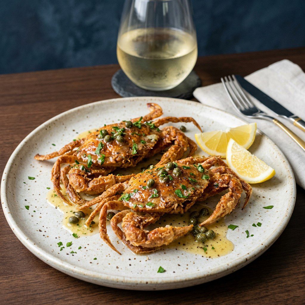 Stunning plated serving of Sautéed Soft Shell Crabs with Caper Butter, a chef-tested recipe by Chef Jorj Morgan.
