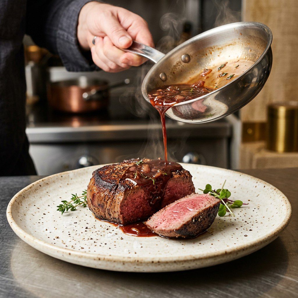 Stunning plated serving of Classic Shallot and Wine Pan-Reduction Sauce, a chef-tested recipe by Chef Jorj Morgan.