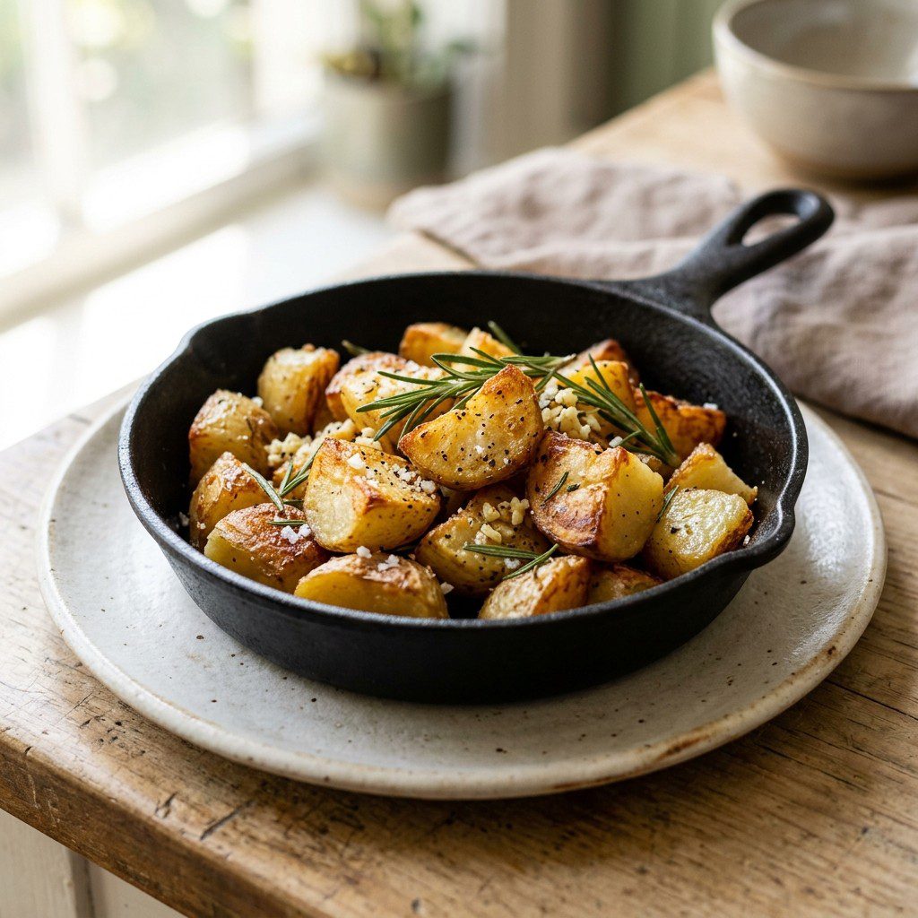 Stunning plated serving of Classic Garlic & Herb Roasted Potatoes, a chef-tested recipe by Chef Jorj Morgan.