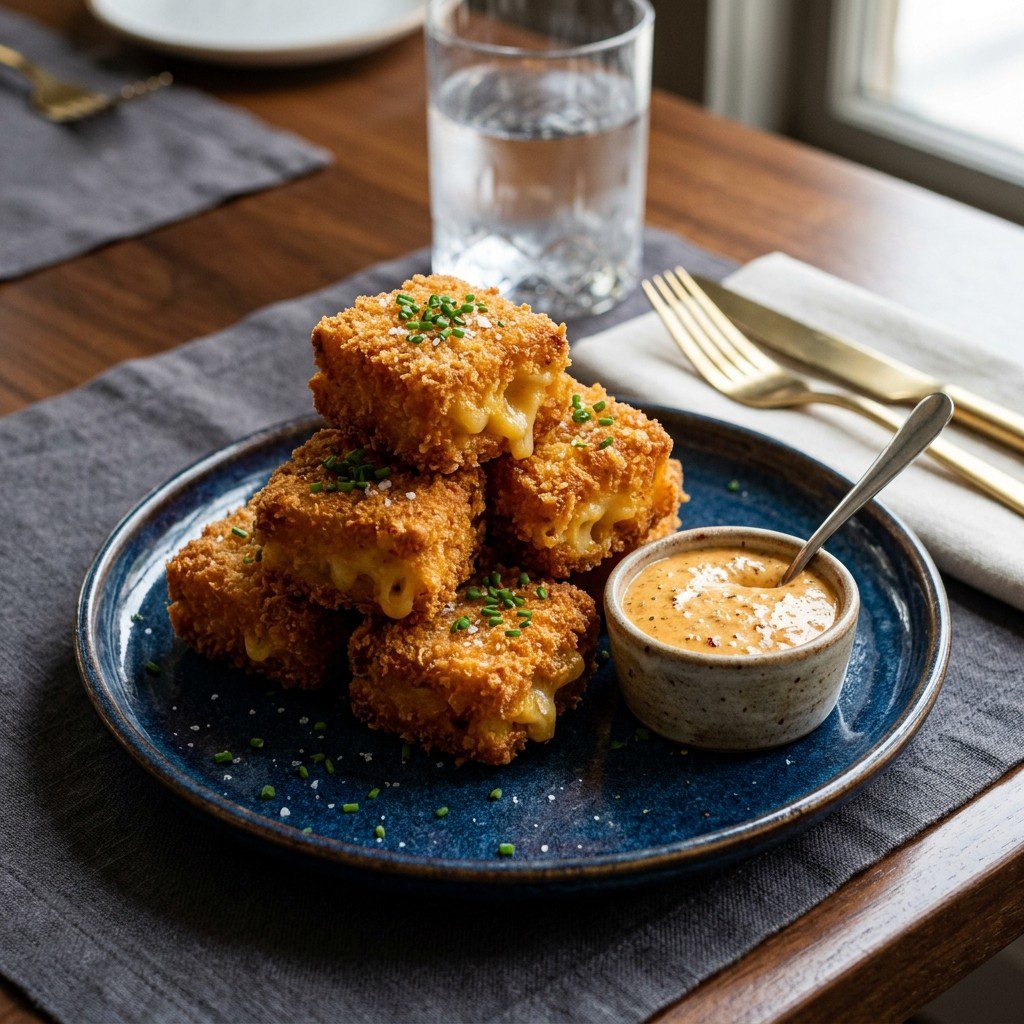 Stunning plated serving of Deep-Fried Leftover Macaroni and Cheese Squares, a chef-tested recipe by Chef Jorj Morgan.