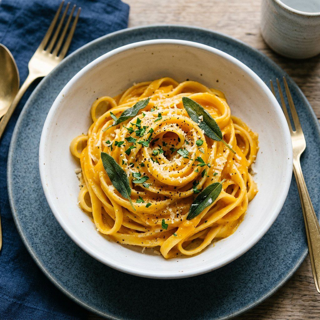 Stunning plated serving of Butternut Squash Fettuccine with Sage and Sherry, a chef-tested recipe by Chef Jorj Morgan.