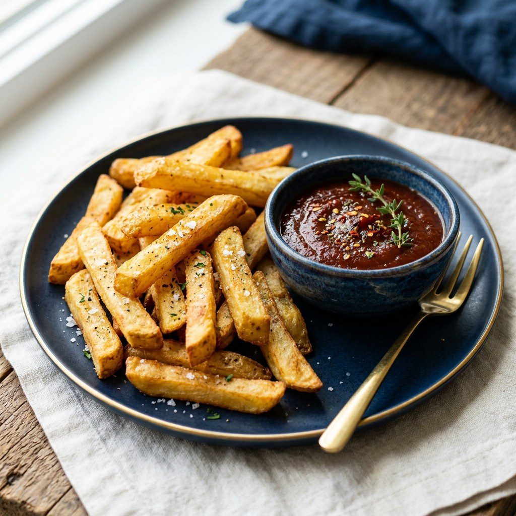 Stunning plated serving of Crispy French Fries with Spiced Homemade Ketchup, a chef-tested recipe by Chef Jorj Morgan.