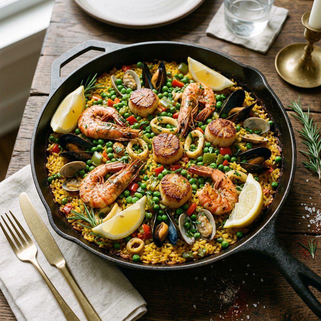 Stunning plated serving of Skillet Shrimp & Andouille Sausage Paella, a chef-tested recipe by Chef Jorj Morgan.
