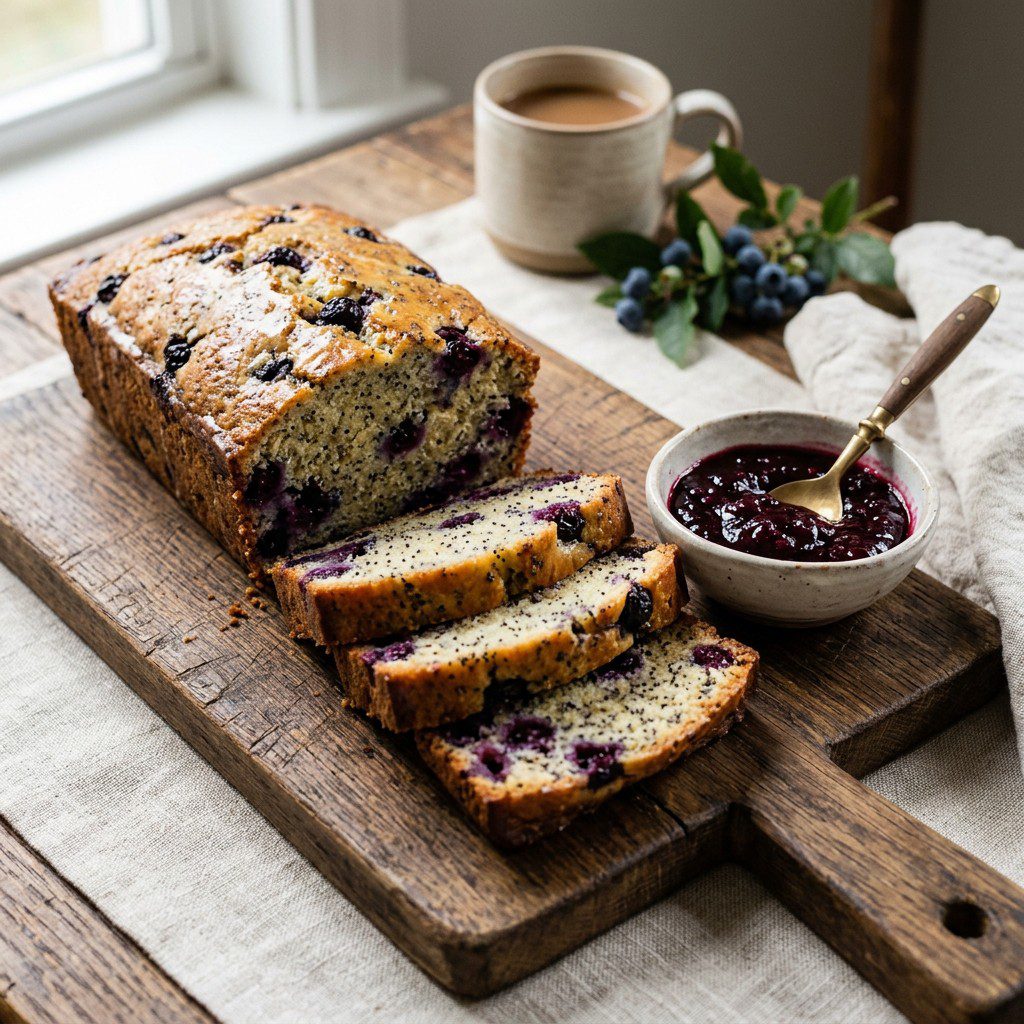 Stunning plated serving of Blueberry Poppy Seed Loaf & Fresh Berry Jam, a chef-tested recipe by Chef Jorj Morgan.