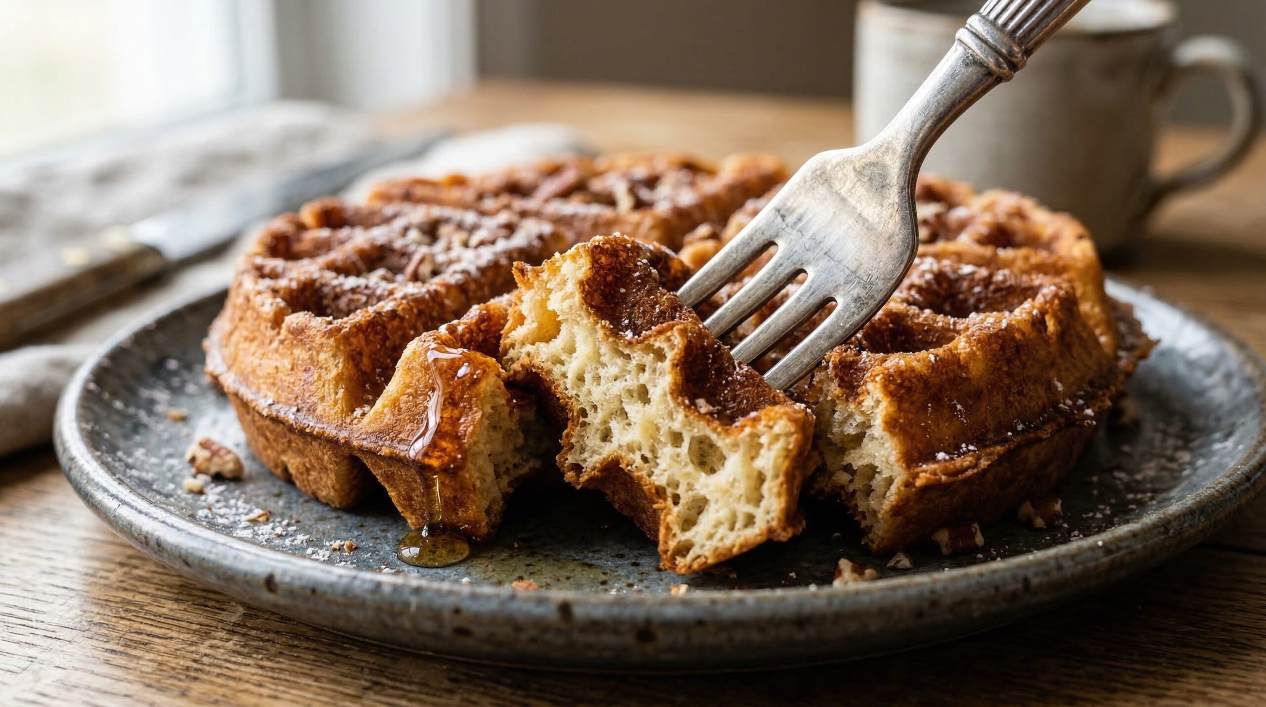 Close-up of a golden waffle with a crisp, airy honeycomb texture