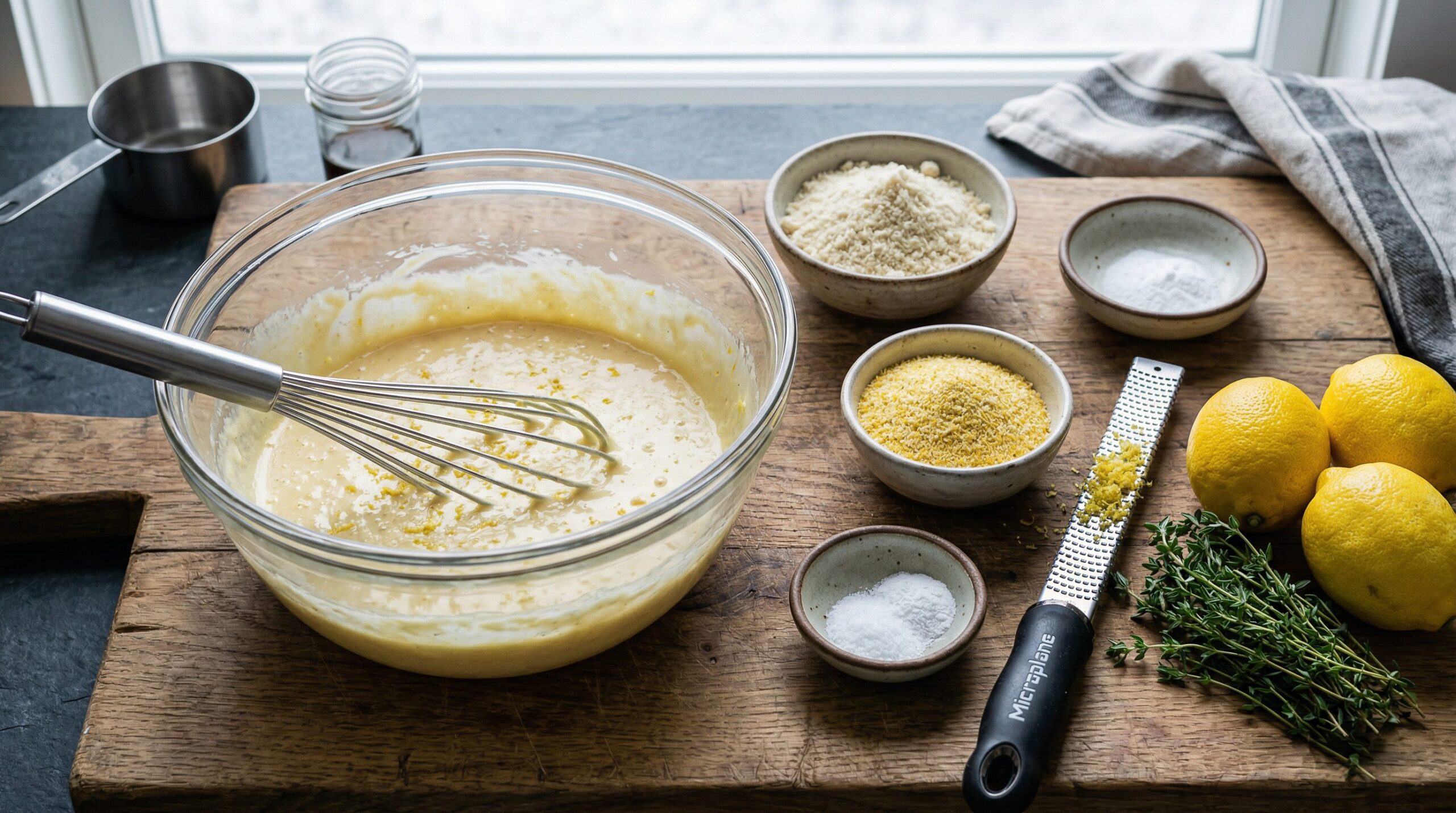 Ingredients for Citrus & Thyme Sunshine Cake arranged for preparation