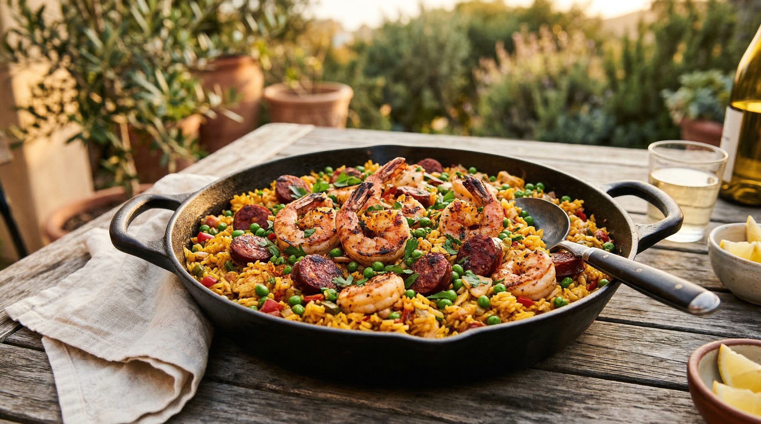 Stunning plated serving of Skillet Shrimp & Andouille Sausage Paella, a chef-tested recipe by Chef Jorj Morgan.
