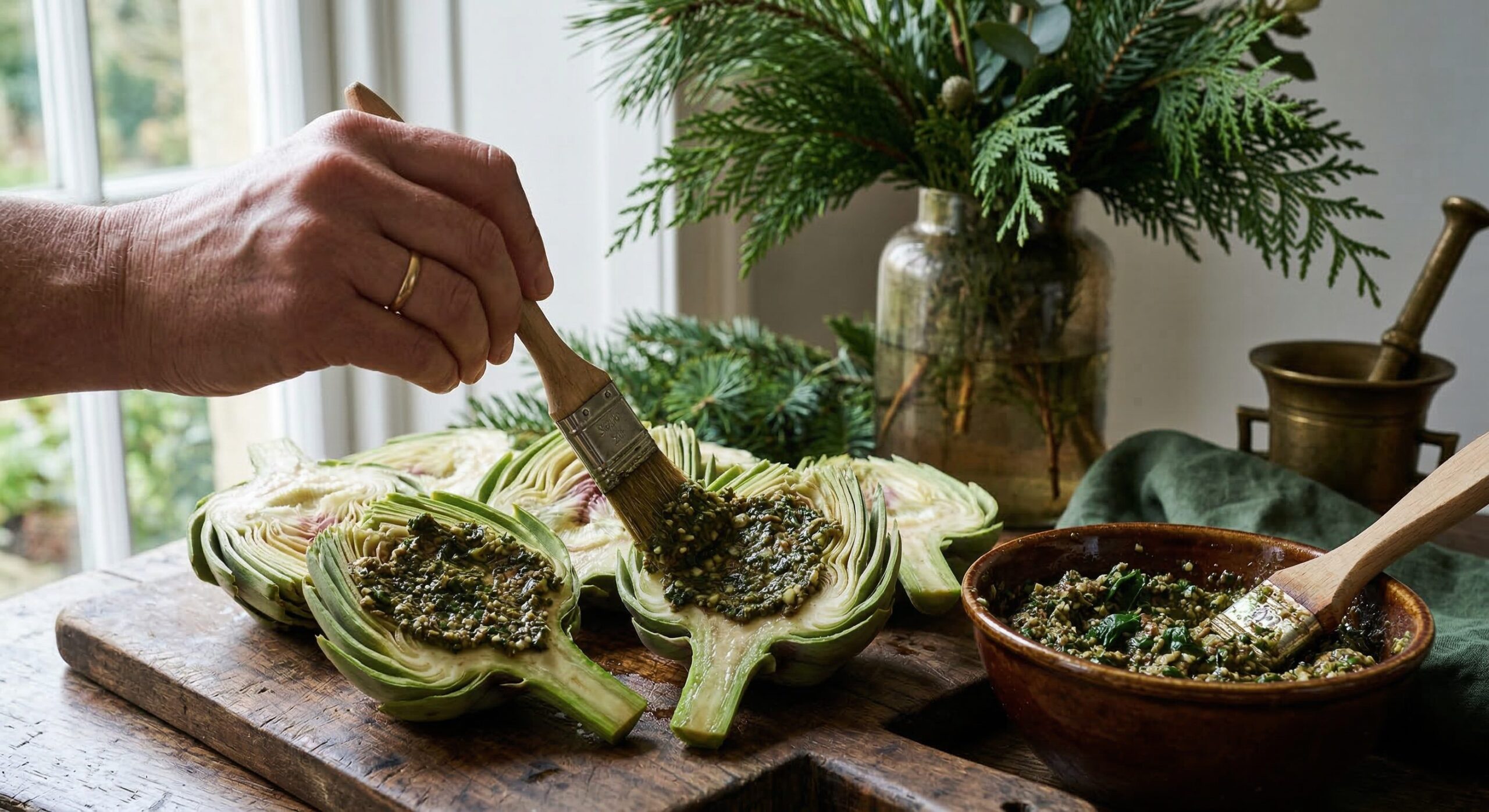 An anchovy, garlic, and basil pesto being brushed over trimmed artichoke halves