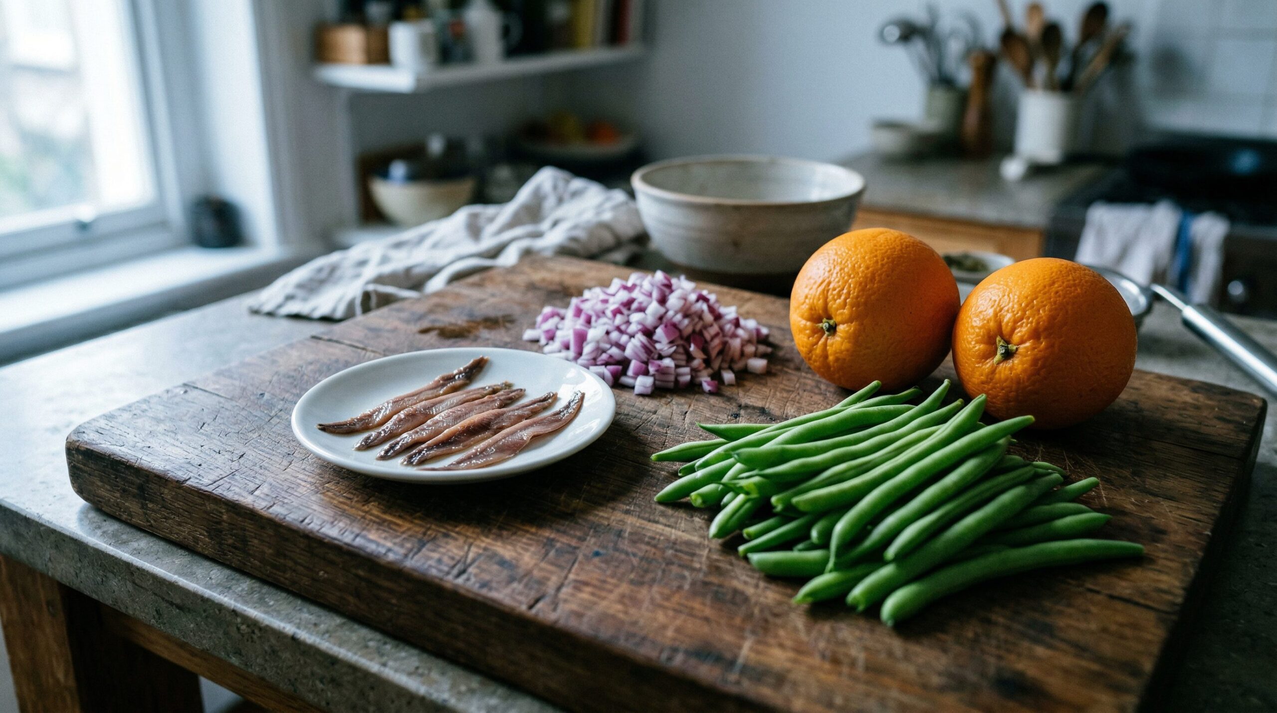 Anchovy fillets, olive oil, red onion, green beans, and an orange arranged for a saut&eacute;ed side