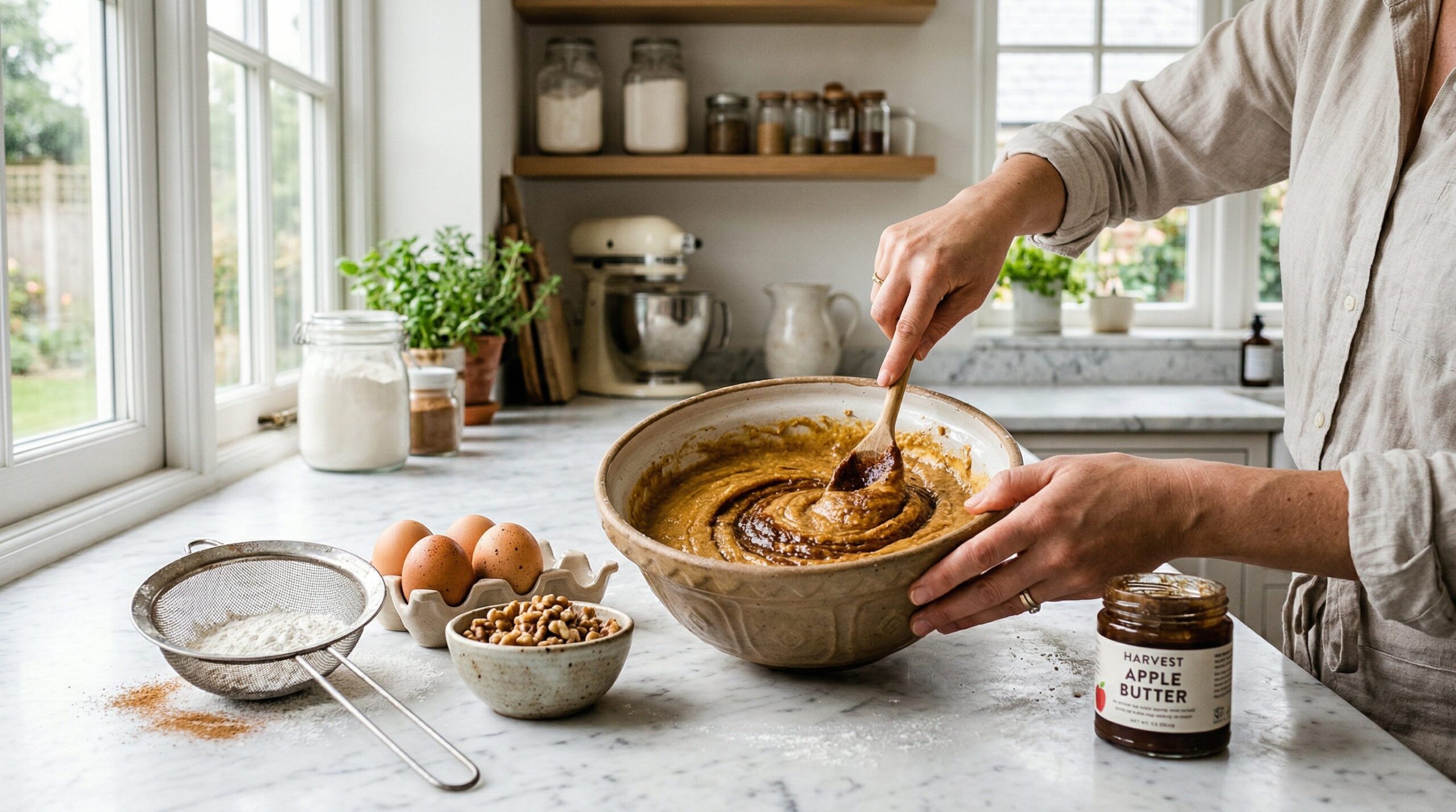 Ingredients for Apple Butter Cake with Cream Cheese Frosting arranged for preparation