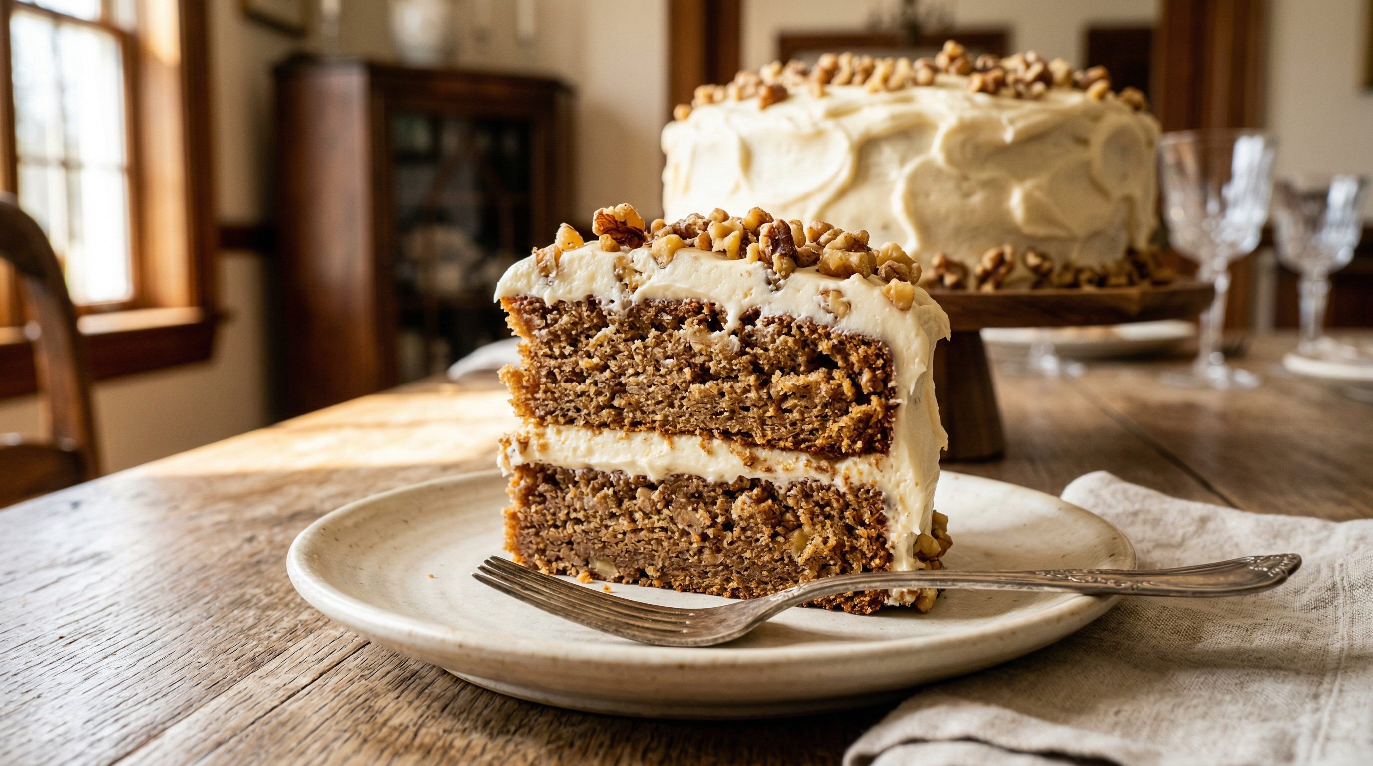 Apple butter cake with cream cheese frosting, sliced