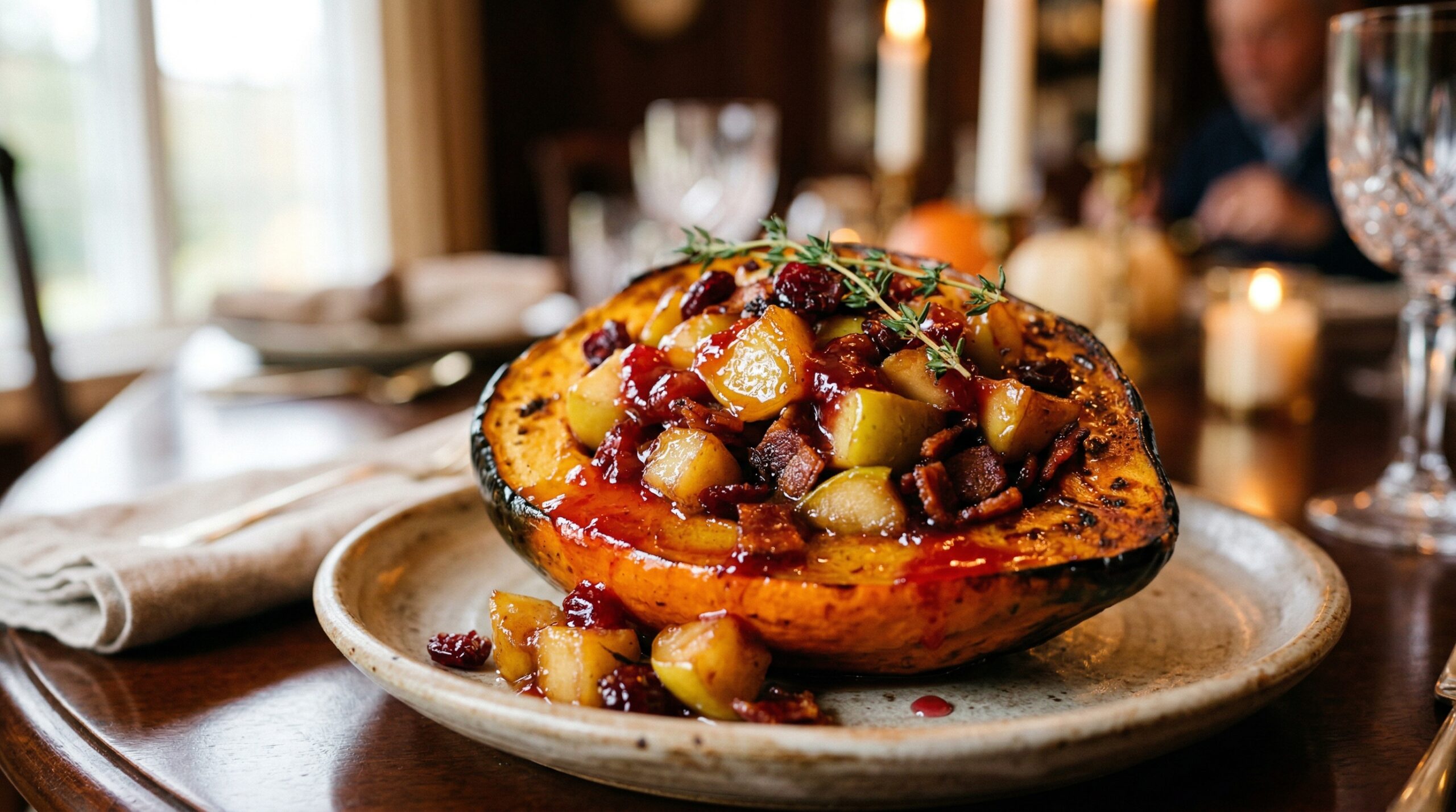 Stunning plated serving of Roasted Acorn Squash Stuffed with Apple & Candied Bacon, a chef-tested recipe by Chef Jorj Morgan.