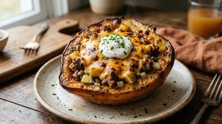 Stunning plated serving of Roasted Acorn Squash Stuffed with Sausage, Apple & Cheddar, a chef-tested recipe by Chef Jorj Morgan.