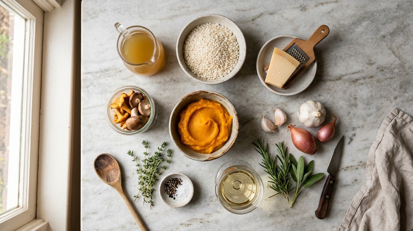 Arborio rice, pumpkin puree, wild mushrooms, Marsala, and Parmesan arranged for an autumn risotto