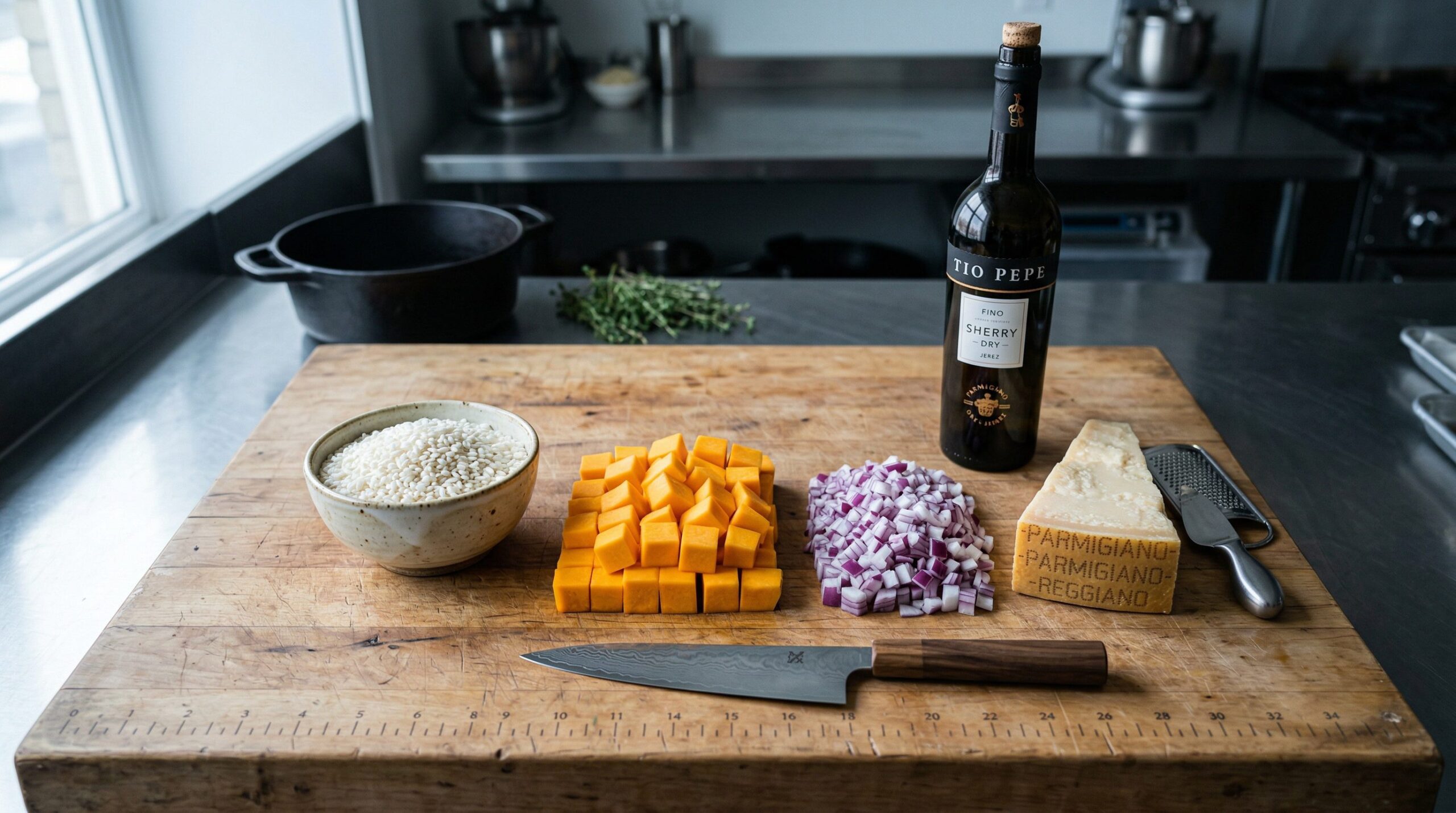 Arborio rice, diced butternut squash, red onion, sherry, and Parmesan arranged for risotto