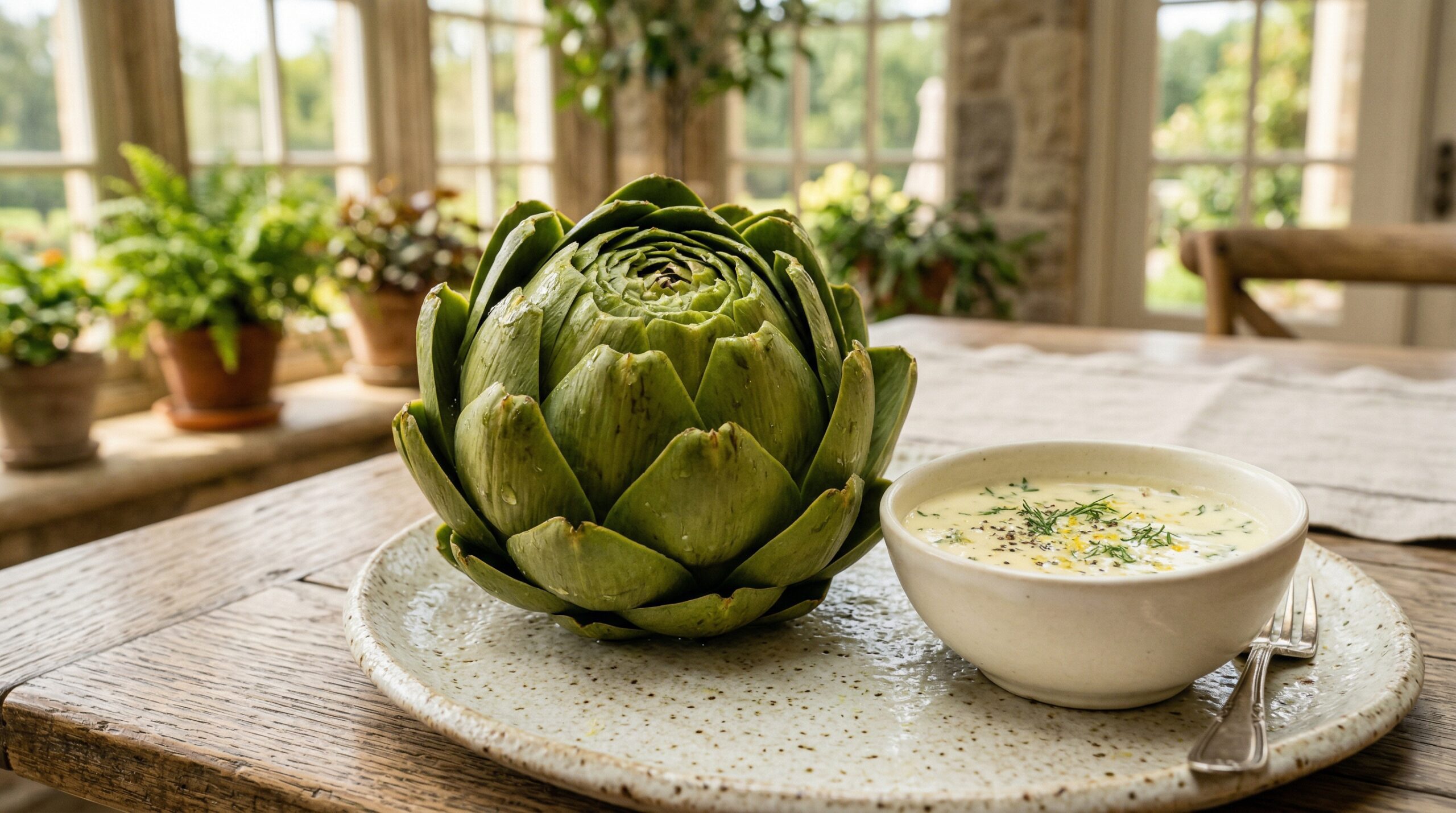 Stunning plated serving of Artichokes with Lemon Balsamic Dip, a chef-tested recipe by Chef Jorj Morgan.