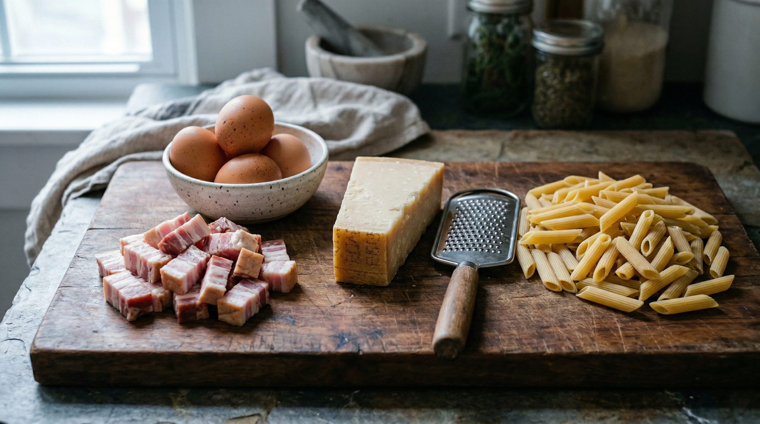 Penne, thick-cut bacon, diced onion, eggs, and grated Parmesan arranged for carbonara