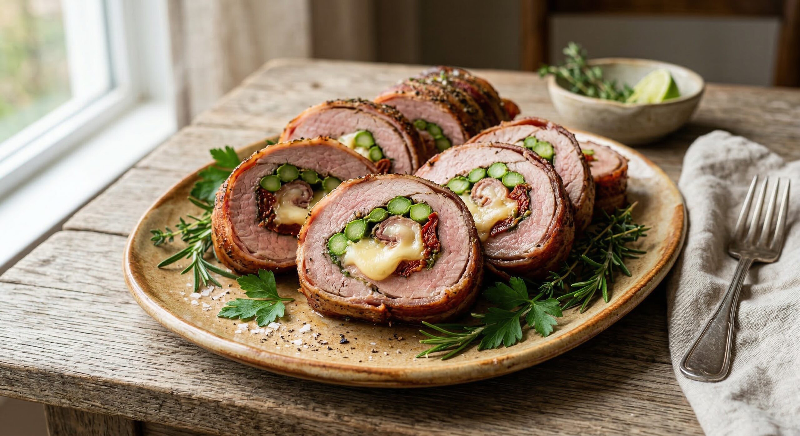 Stunning plated serving of Bacon-Wrapped Stuffed Pork Tenderloin, a chef-tested recipe by Chef Jorj Morgan.