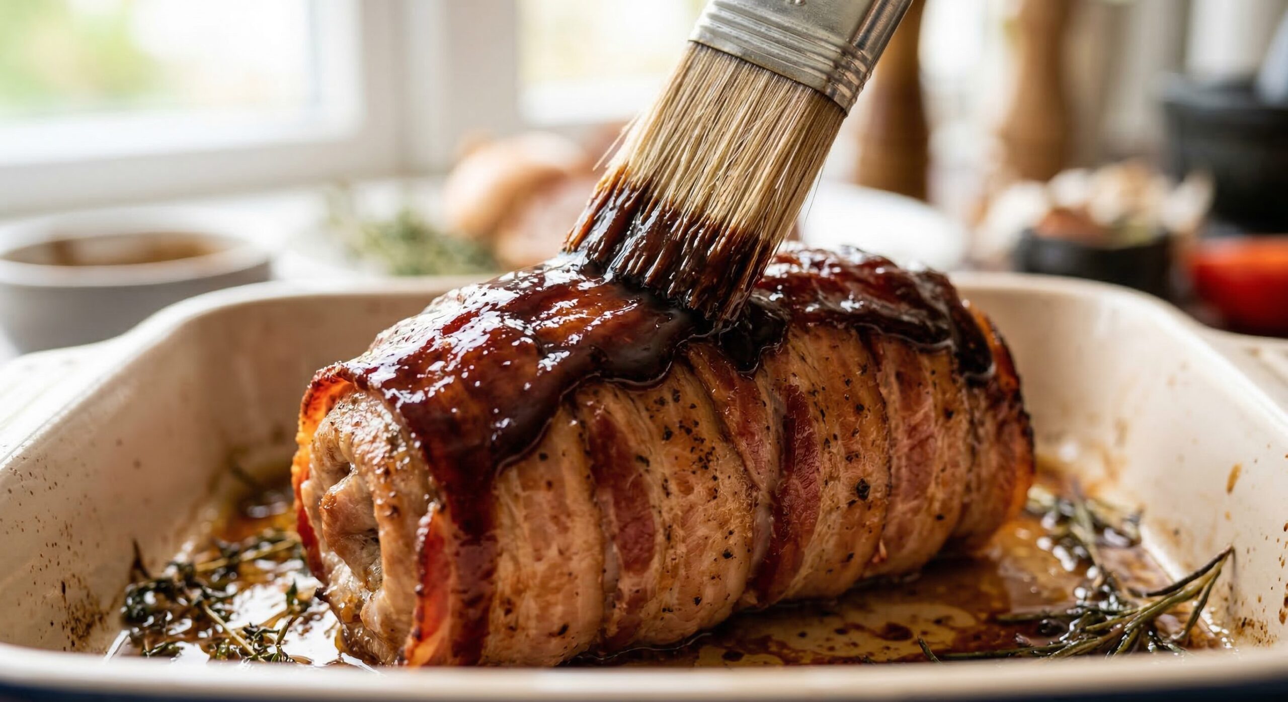Bacon-Wrapped Stuffed Pork Tenderloin being prepared
