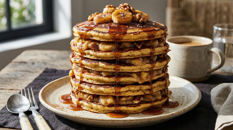 Stunning plated serving of Bananas Foster Skillet Cakes, a chef-tested recipe by Chef Jorj Morgan.