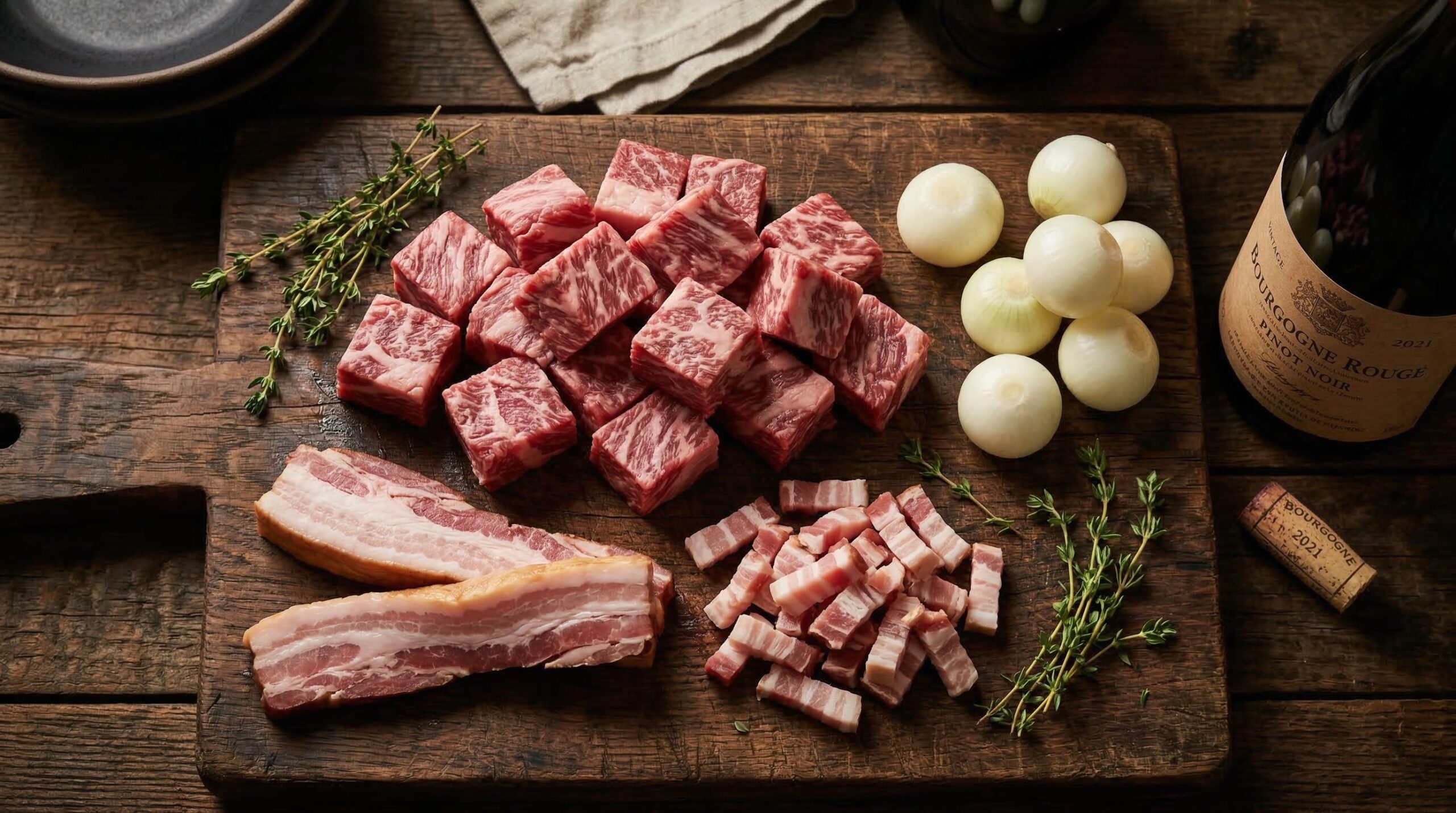 Ingredients for Beef Bourguignon arranged for preparation
