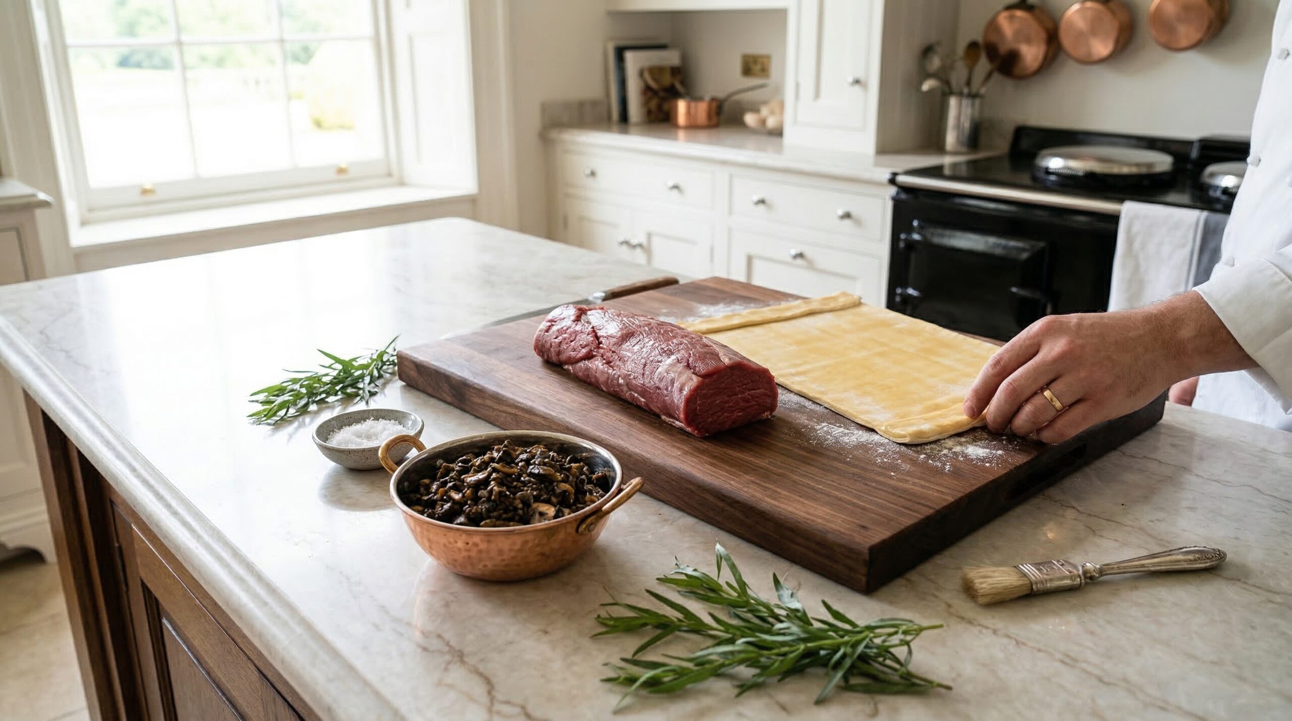 Precise preparation of Beef Wellington bundles on a wooden cutting board