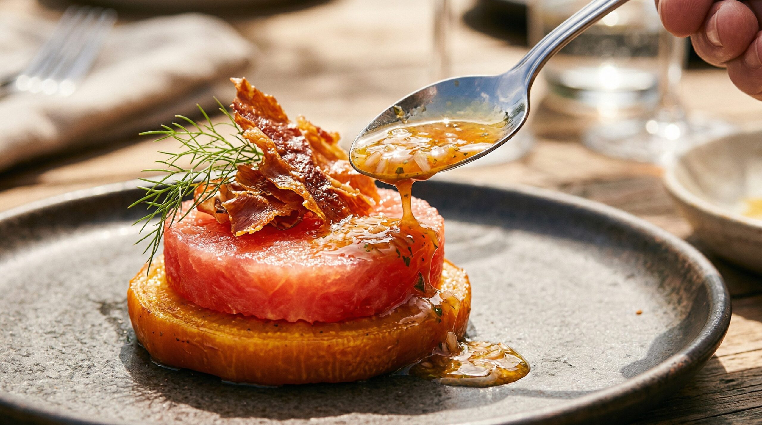 Overlapping thin rounds of pickled beet and watermelon on a chilled platter with crisp prosciutto