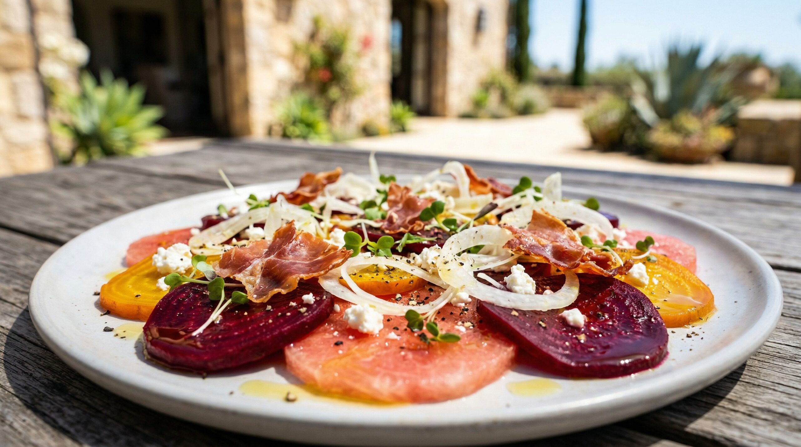 Stunning plated serving of Pickled Beet & Watermelon Carpaccio, a chef-tested recipe by Chef Jorj Morgan.