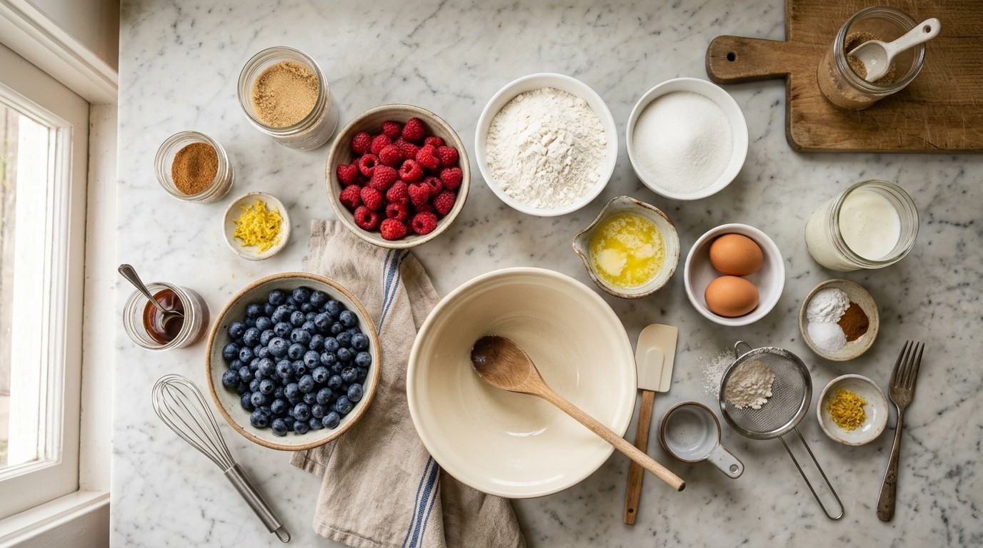 Fresh blueberries, raspberries, and strawberries arranged with batter ingredients for Very Berry Muffins