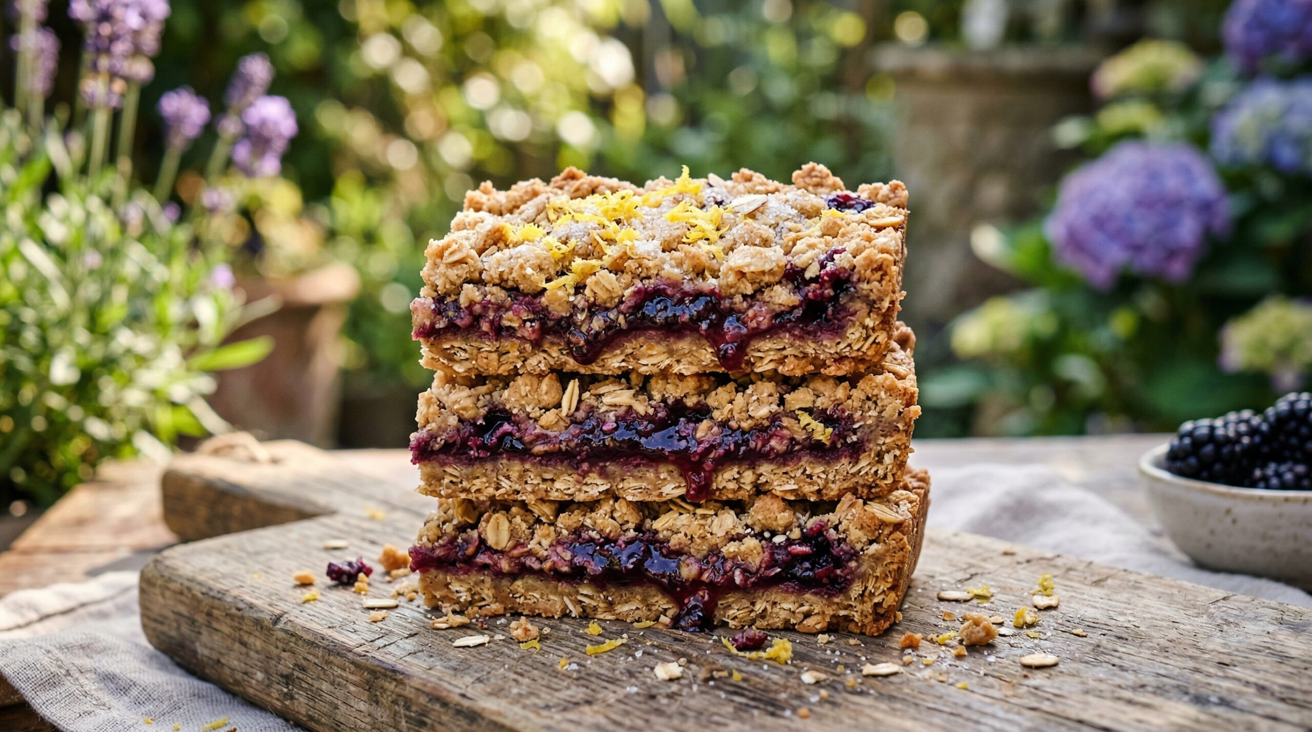 Stunning plated serving of Blackberry Jam Oat Bars, a chef-tested recipe by Chef Jorj Morgan.