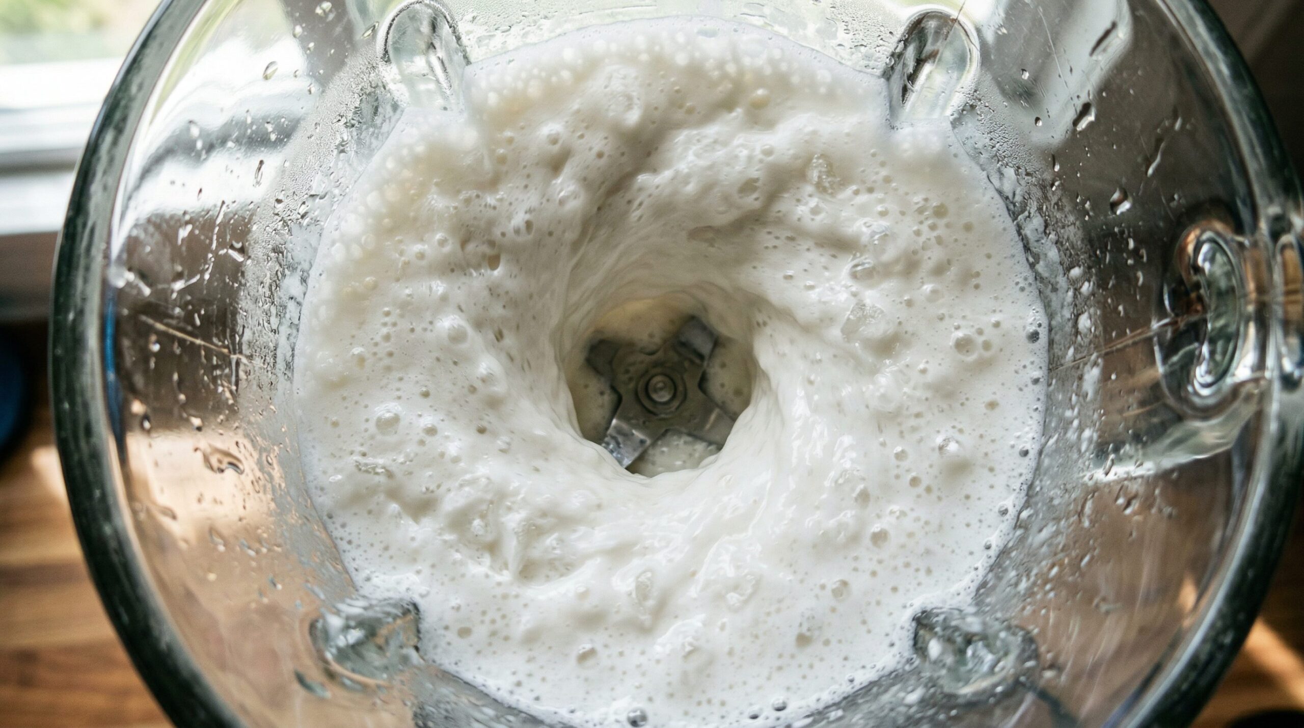 Coconut, tequila, and lime whirling in a blender into a smooth, frothy white margarita punch