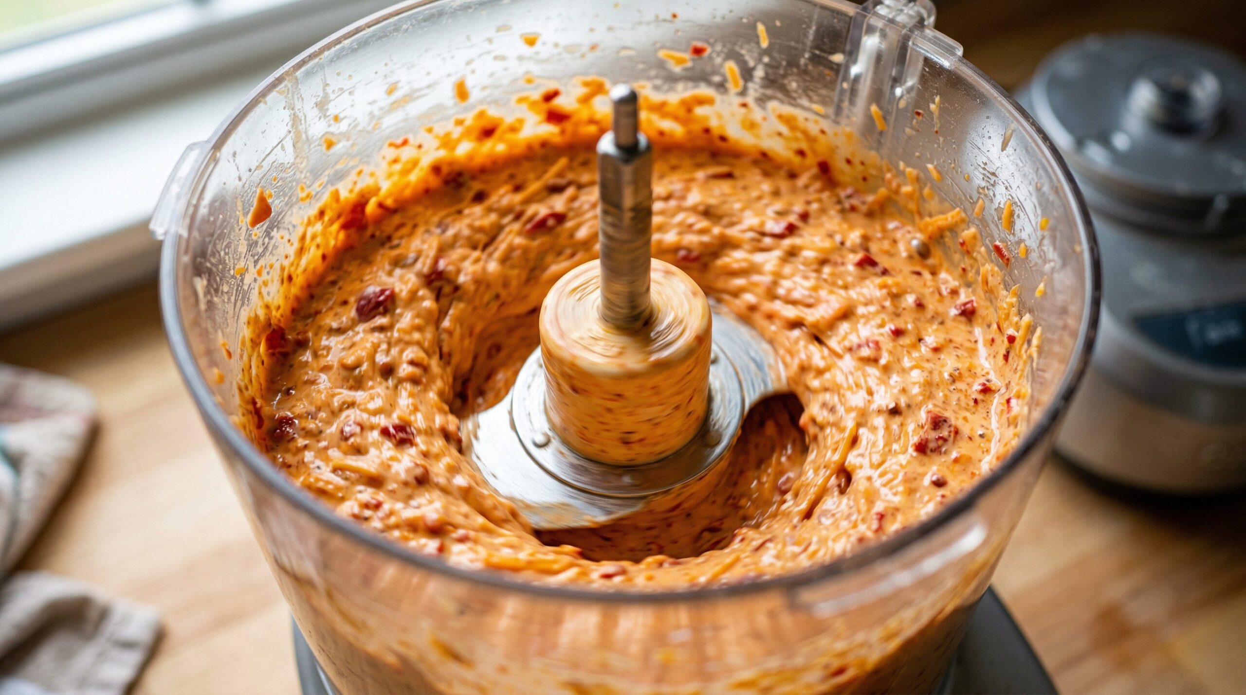 A cheddar and roasted red pepper spread being blended in a food processor