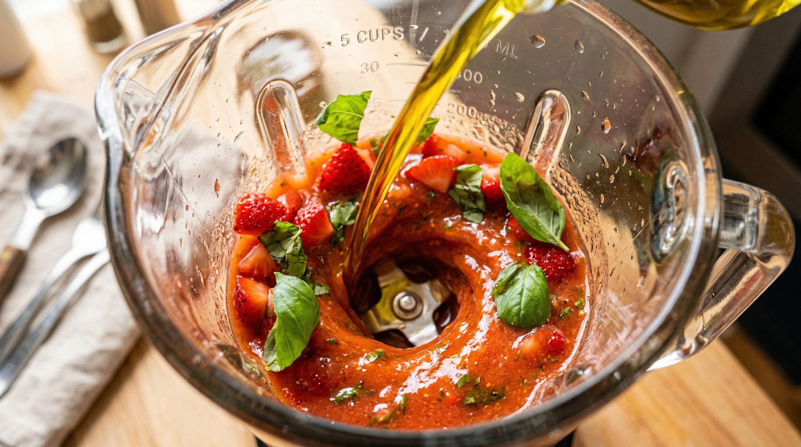 Strawberries and basil being blended into a smooth gazpacho puree