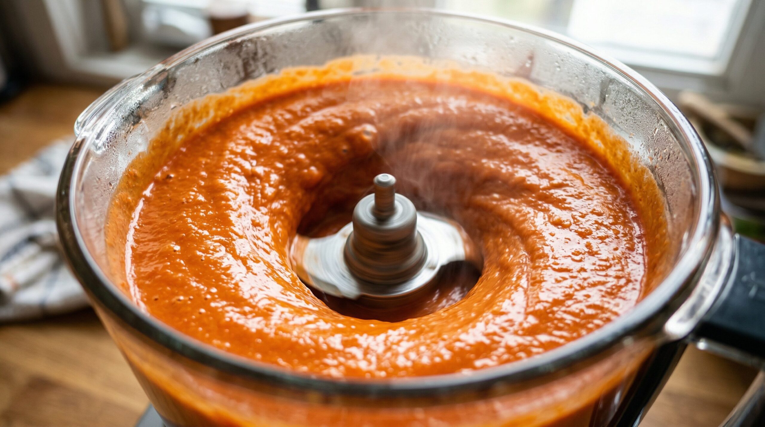 Tomato bisque being blended smooth after roasted garlic and basil are added
