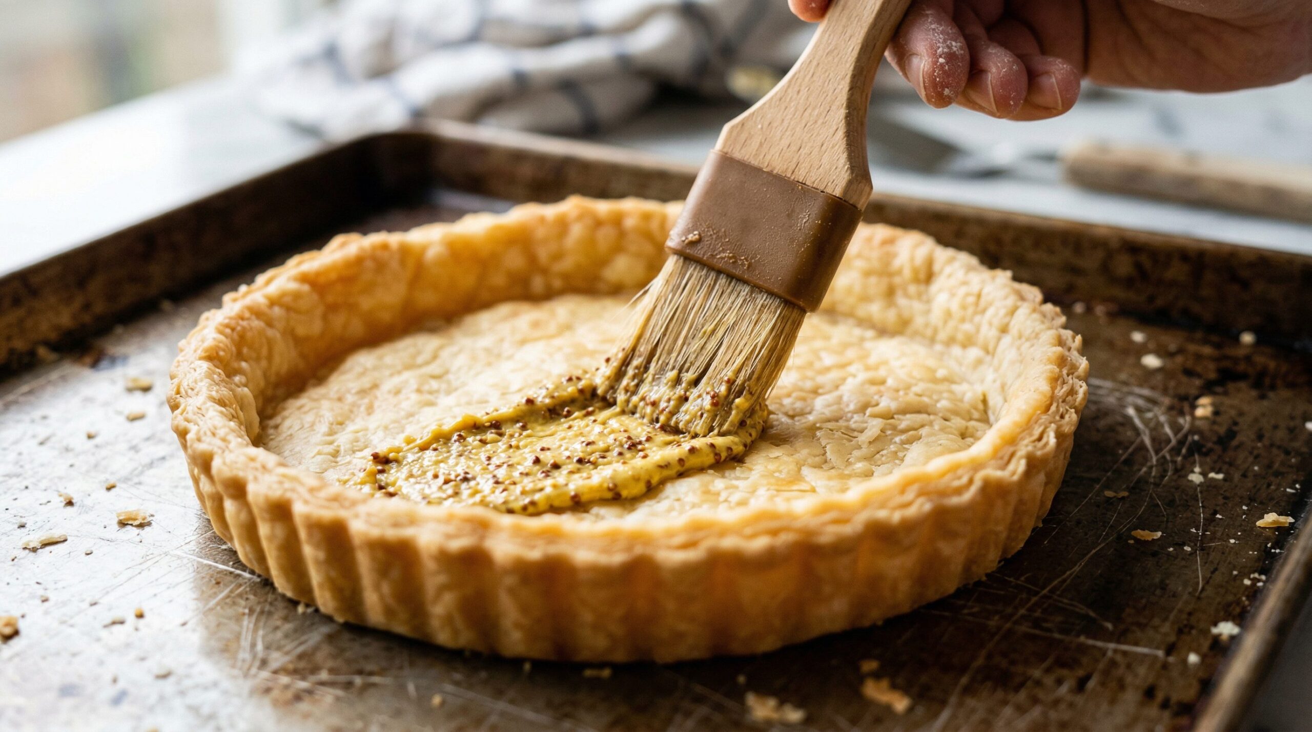 A tart crust lined with foil and pie weights being blind-baked to golden