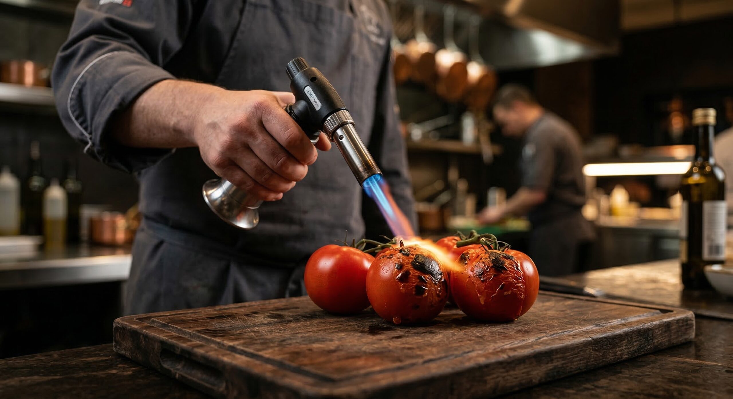 A kitchen torch scorching fresh red tomatoes to develop deep flavor for a roasted salsa