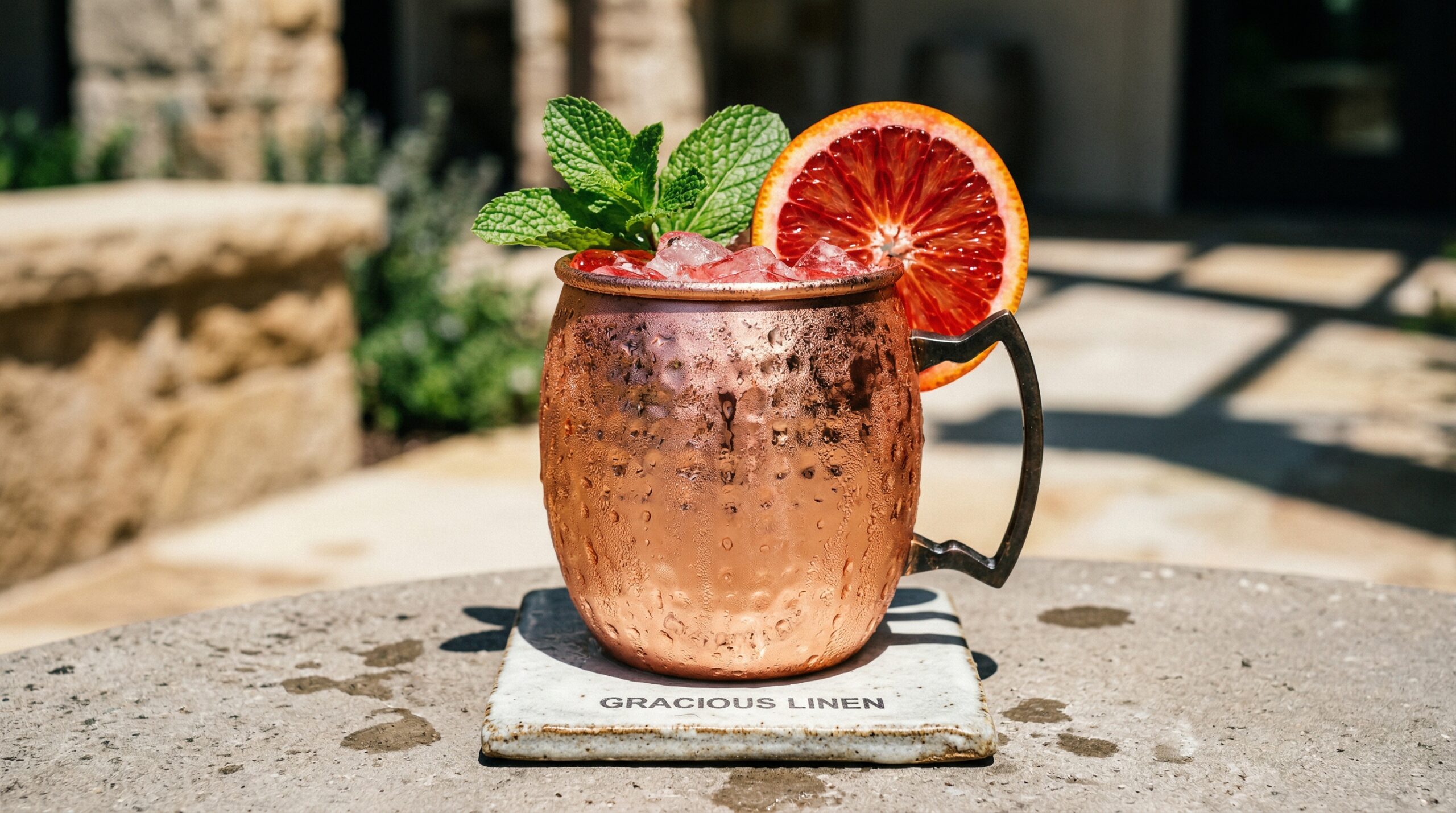 Stunning plated serving of Signature Blood Orange Mule, a chef-tested recipe by Chef Jorj Morgan.