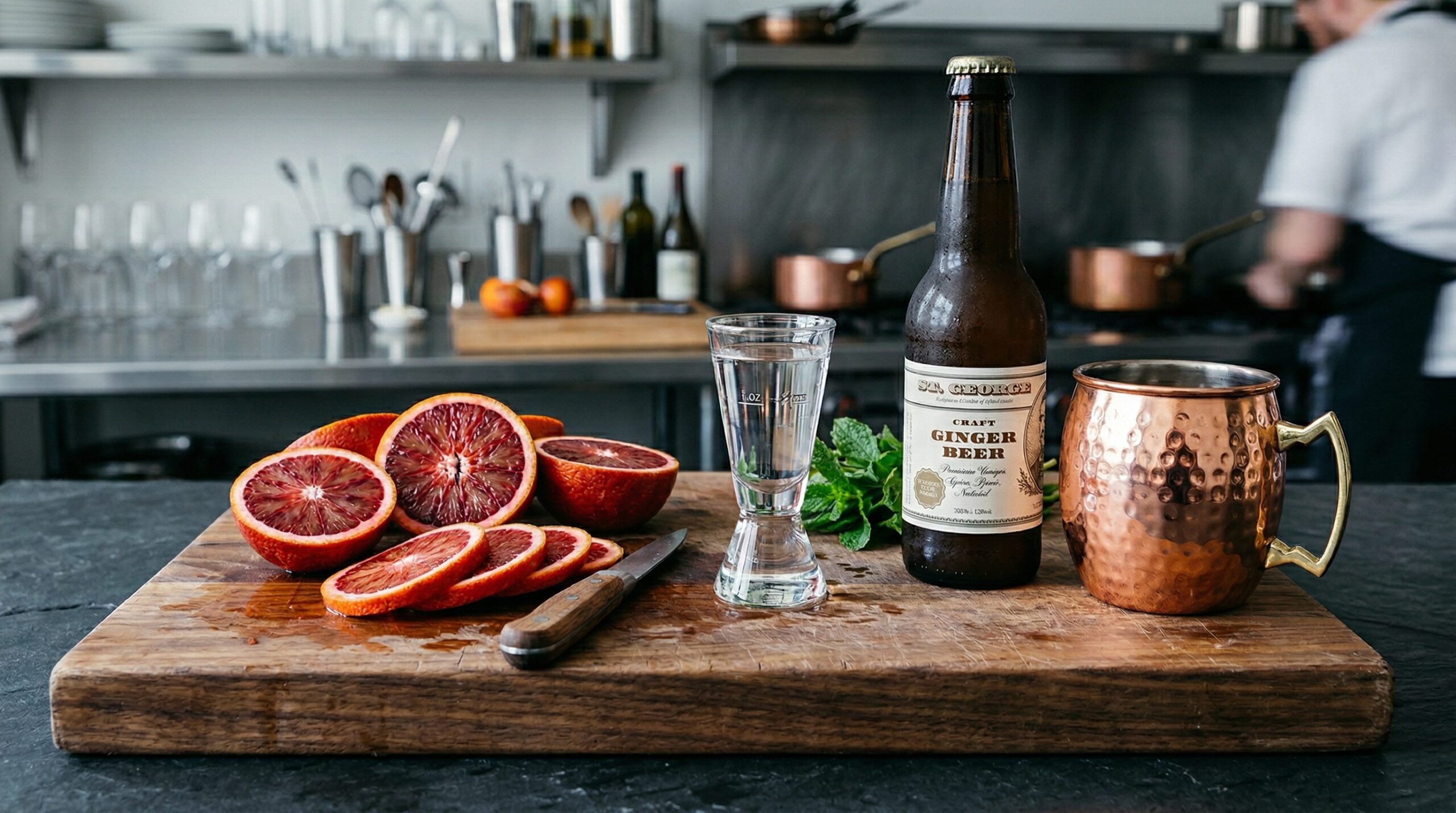 Blood Orange Mule ingredients on a wooden board: a jigger of vodka, fresh blood orange slices, a bottle of ginger beer, and a copper mug