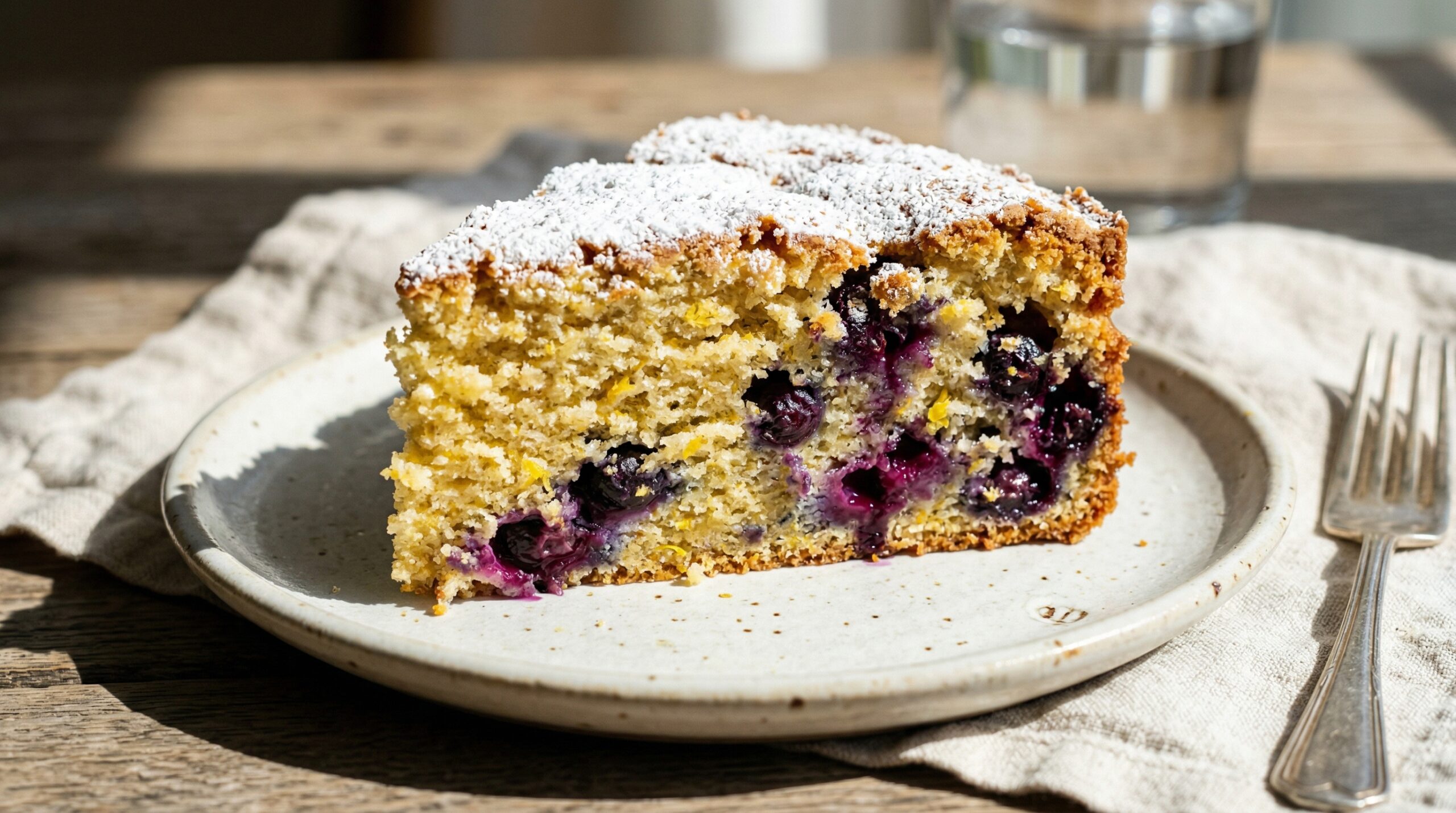 Stunning plated serving of Blueberry-Lemon Sour Cream Cake, a chef-tested recipe by Chef Jorj Morgan.