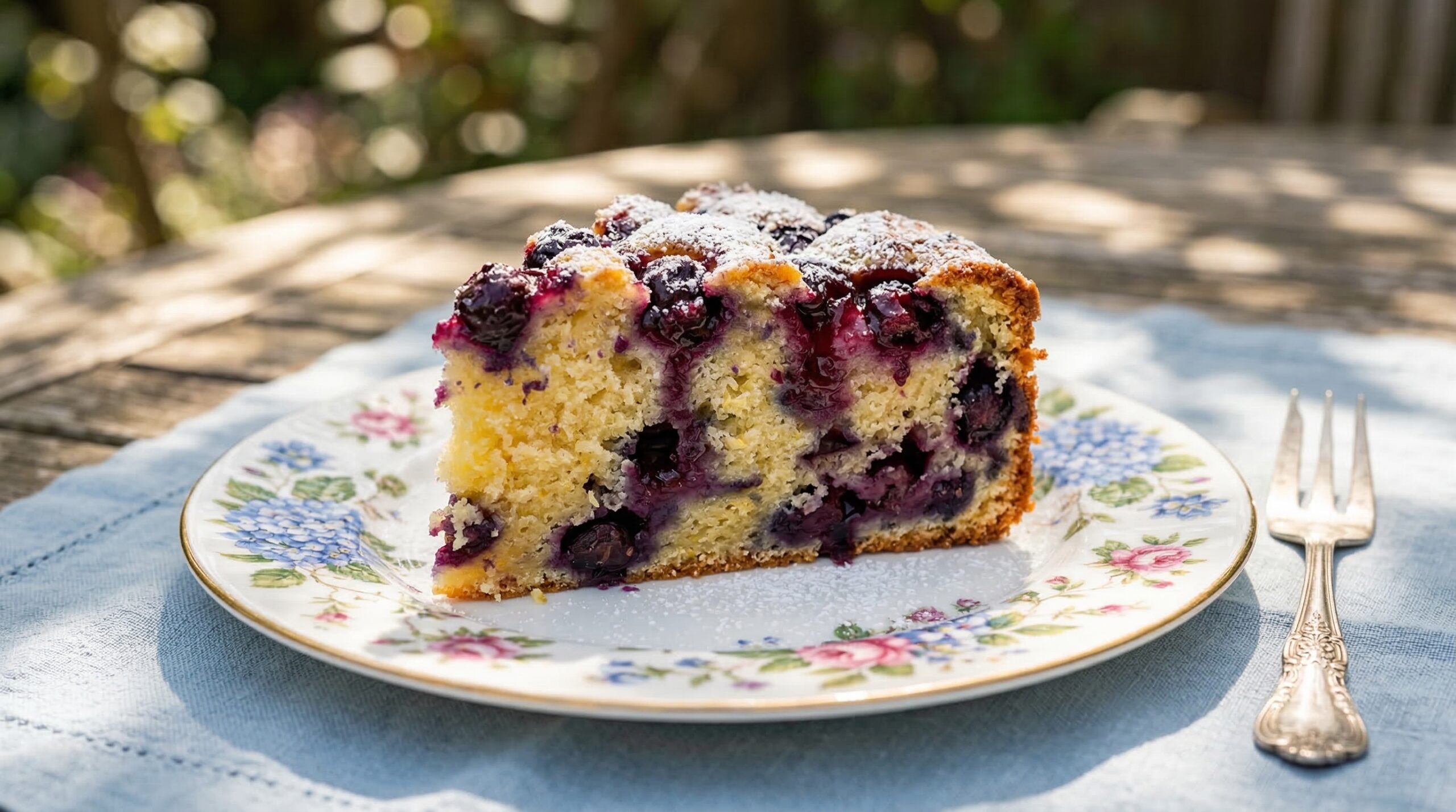 A slice of rustic Blueberry-Lemon Sour Cream Cake, the perfect portable dessert