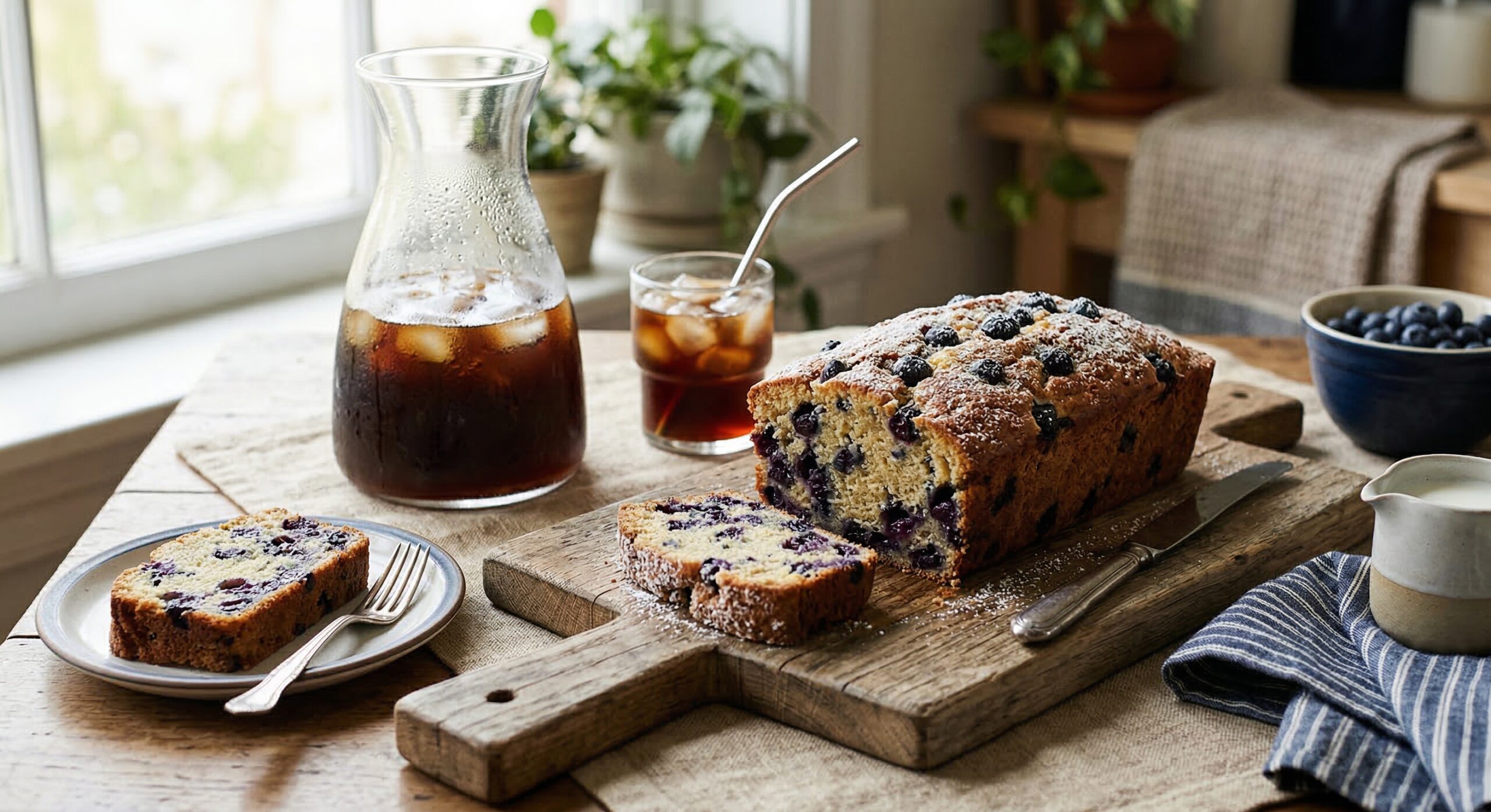 Stunning plated serving of The Blueberry Sleeve Cake, a chef-tested recipe by Chef Jorj Morgan.