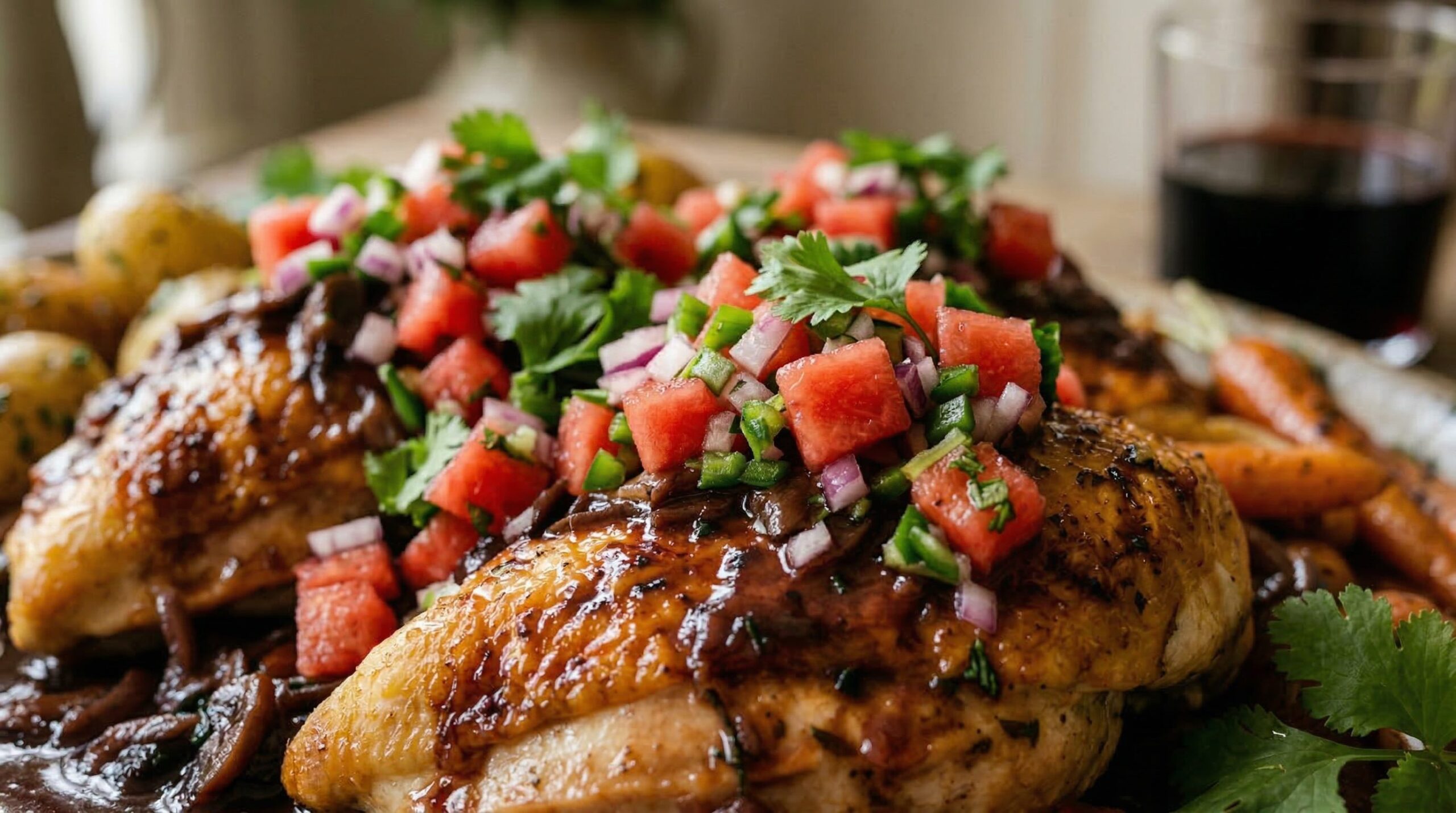Braised Chicken with Fresh Watermelon Salsa being prepared