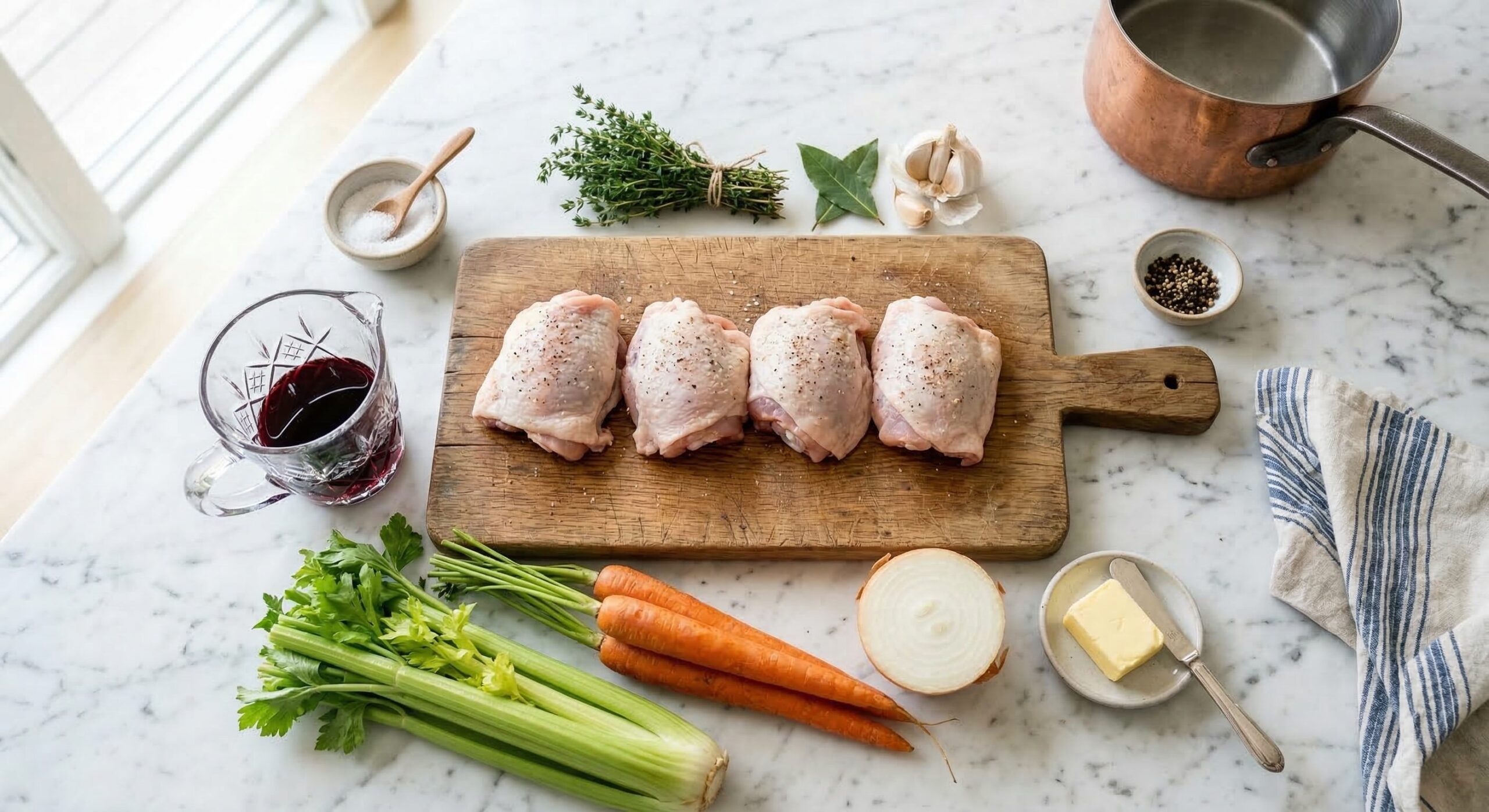 Ingredients for Braised Chicken Thighs arranged for preparation