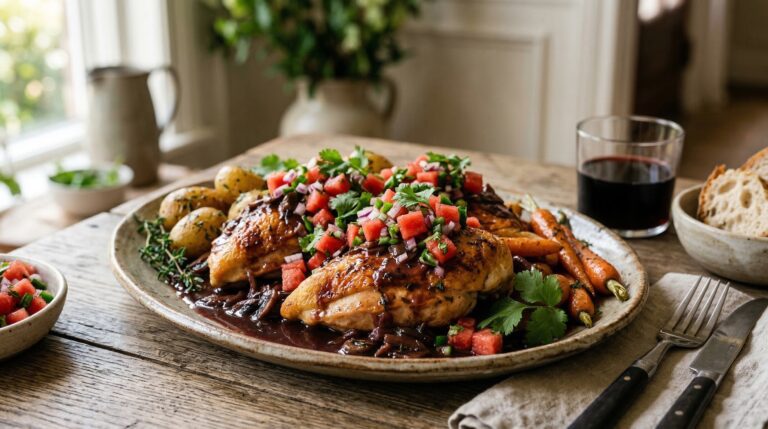 Stunning plated serving of Braised Estate Chicken with Fresh Watermelon Salsa, a chef-tested recipe by Chef Jorj Morgan.